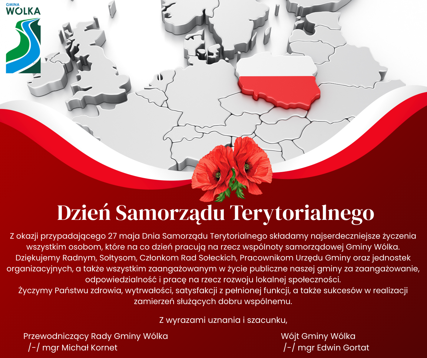 Grafika z logo Gminy Wólka, mapą Polski z zaznaczoną gminą, motywem maków. W tekście znajdują się życzenia z okazji Dnia Samorządu Terytorialnego oraz podpisy władz gminy.