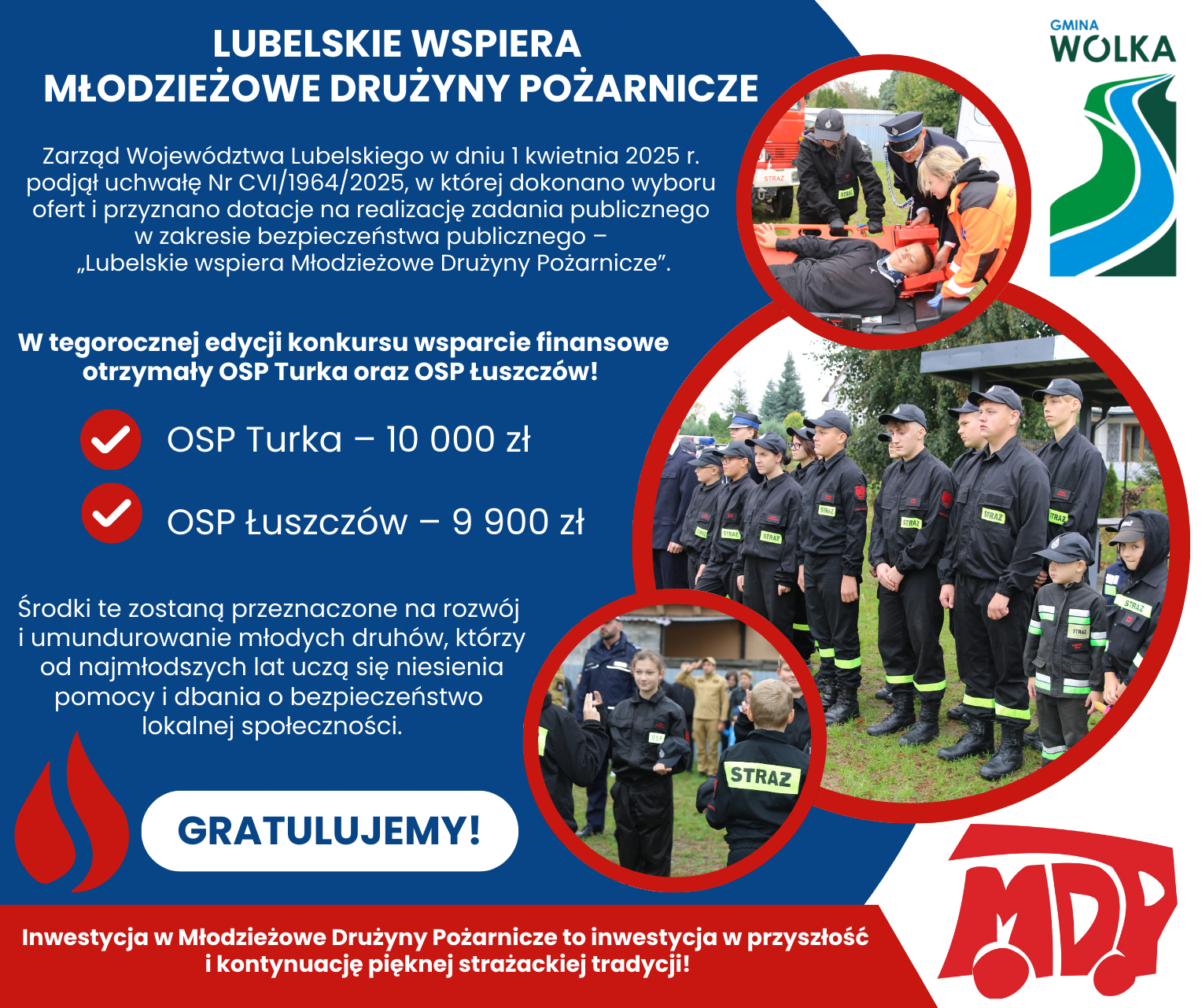 Na zdjęciu widnieje plakat promujący wsparcie dla Młodzieżowych Drużyn Pożarniczych z regionu Lubelskiego. Zawiera logo, zdjęcia strażaków i informacje o przyznanych funduszach dla OSP Turka i OSP Łuszczów.