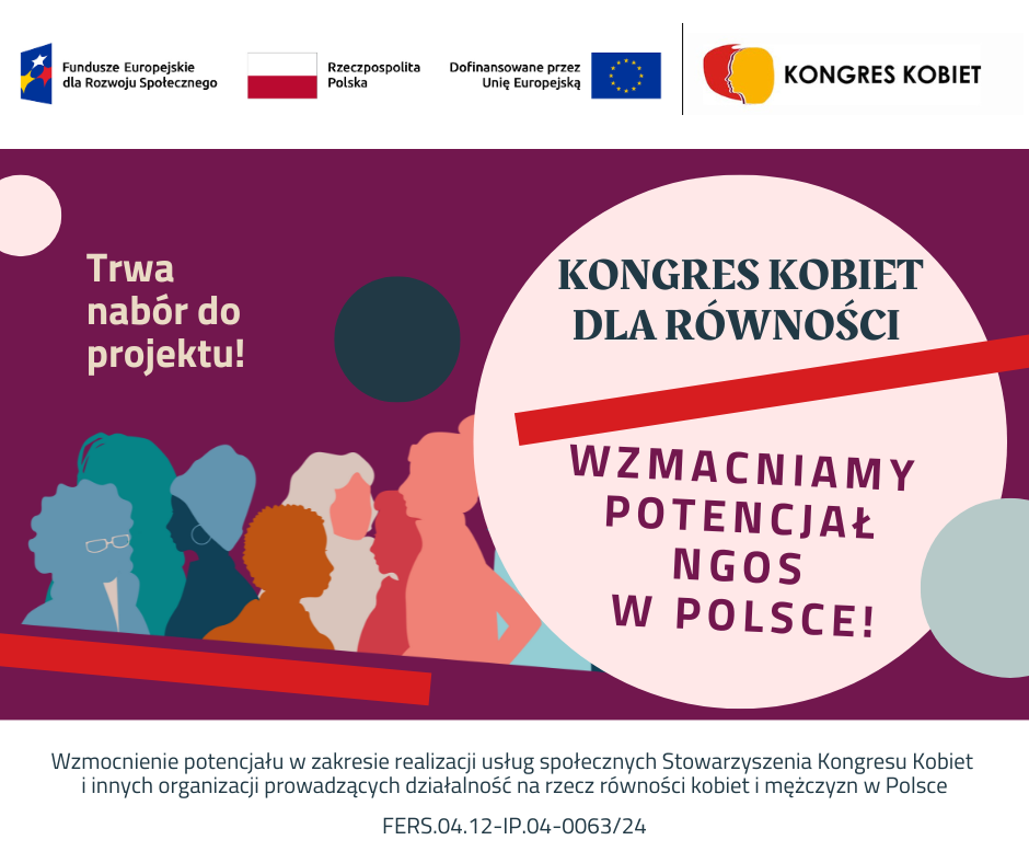 Na ilustracji widnieje grafika promująca Kongres Kobiet z hasłami dotyczącymi równości i wzmacniania potencjału NGO w Polsce. W tle są sylwetki ludzi, a u góry znajdują się loga organizacji oraz informacja o naborze do projektu.