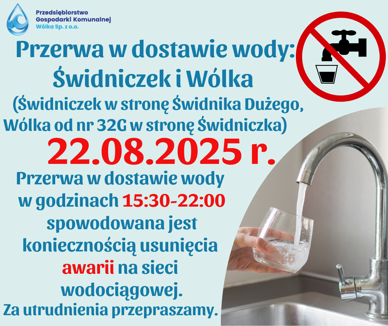 Ostrzeżenie o przerwie w dostawie wody 22.08.2025 r., od 15:30 do 22:00, w miejscowościach Świdniczek i Wólka. Ilustracja zawiera kran, szklankę wody i symbol zakazu.