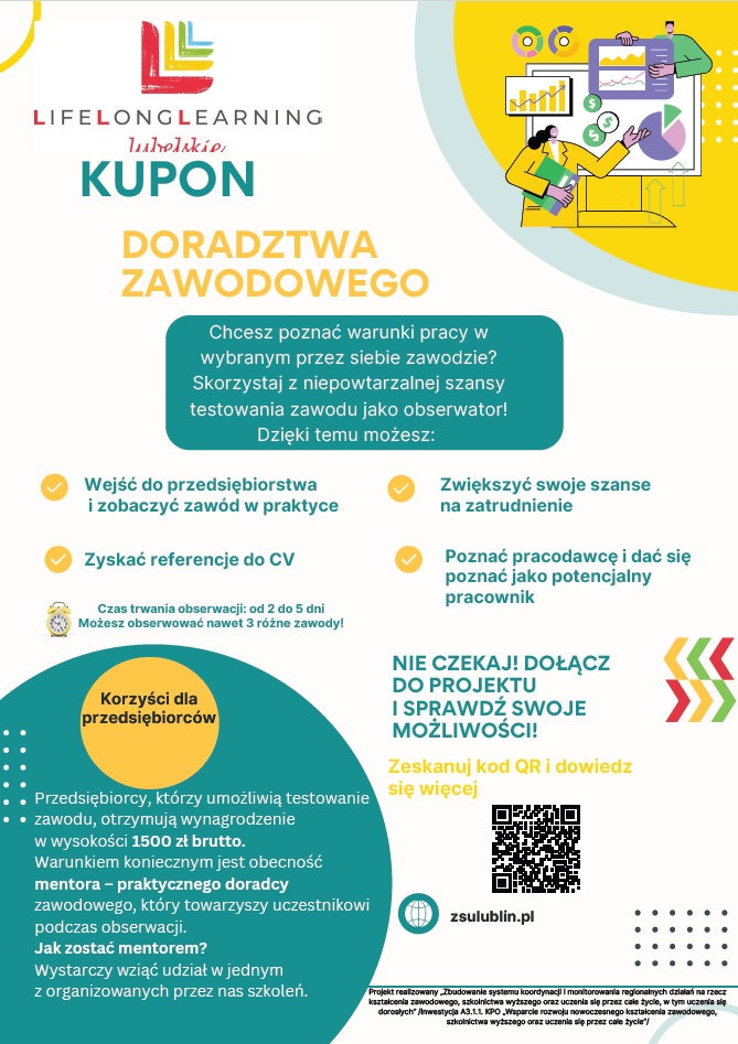 Plakat promocyjny z kuponem doradztwa zawodowego. Zawiera informacje o możliwości testowania pracy w wybranym zawodzie, zdobycia referencji do CV i zwiększenia szansy na rynku pracy. Kolorowa grafika z kodem QR i logo LifeLongLearning.