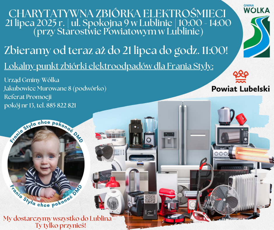 Plakat promujący zbiórkę elektrośmieci. Na zdjęciu mały chłopiec w koszulce w paski; obok urządzenia elektroniczne, herby oraz szczegóły wydarzenia: miejsce, data i godzina.