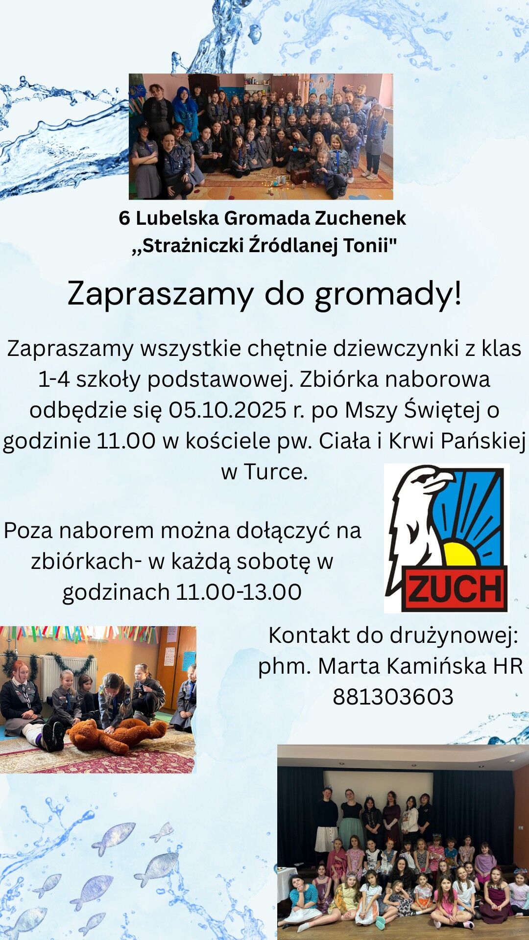 Plakat rekrutacyjny 6 Lubelskiej Gromady Zuchów. Zawiera informacje o zbiórce, terminie i miejscu oraz dane kontaktowe. W tle zdjęcia grupowe dzieci. W prawym dolnym rogu logo zucha.