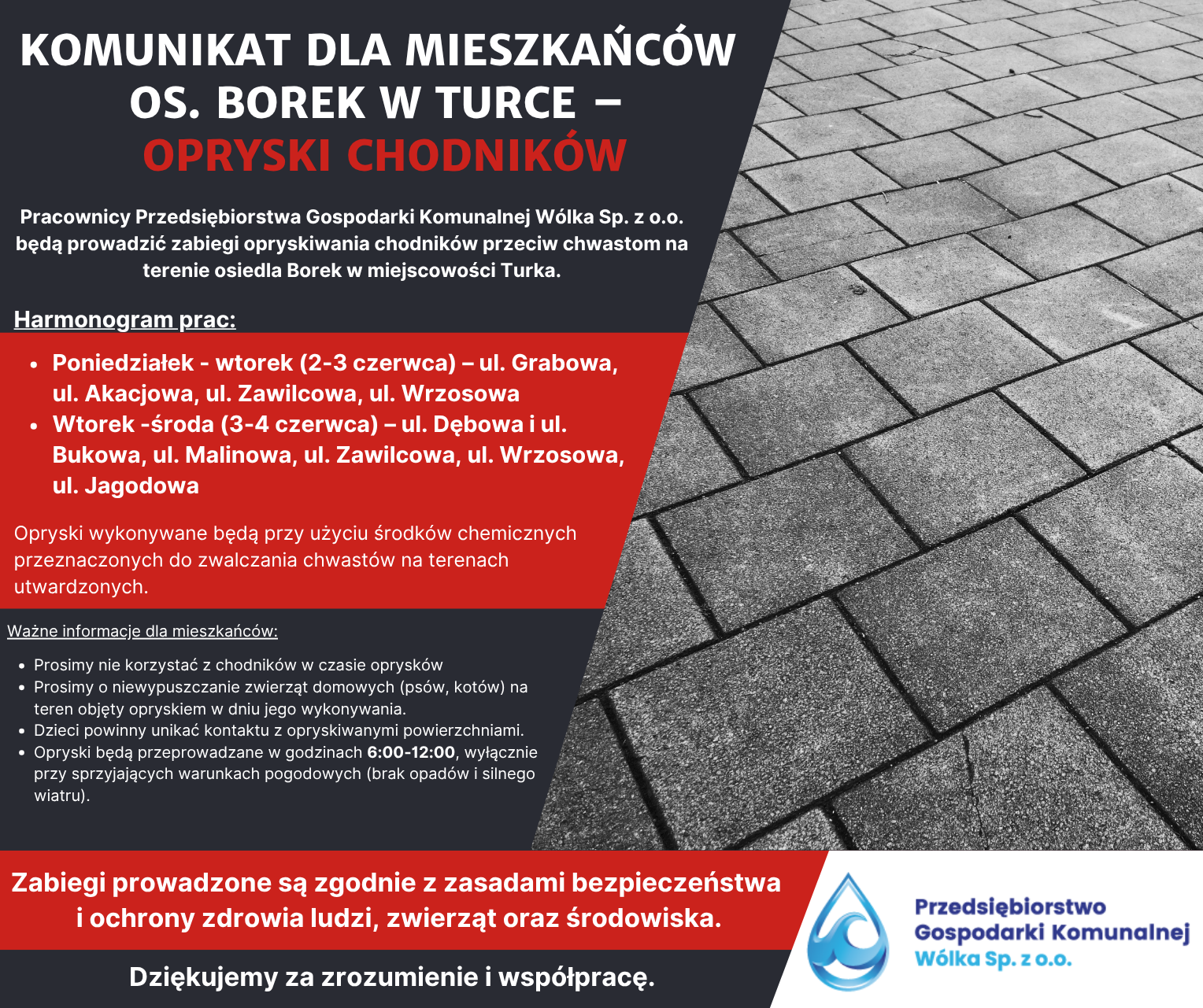 Ogłoszenie o opryskach chodników na os. Borek w Turce. Informacje o terminach i ulicach objętych opryskiem. Ostrzeżenie o dezynsekcji i zalecenia dla mieszkańców. Logo Przedsiębiorstwa Gospodarki Komunalnej Wólka.