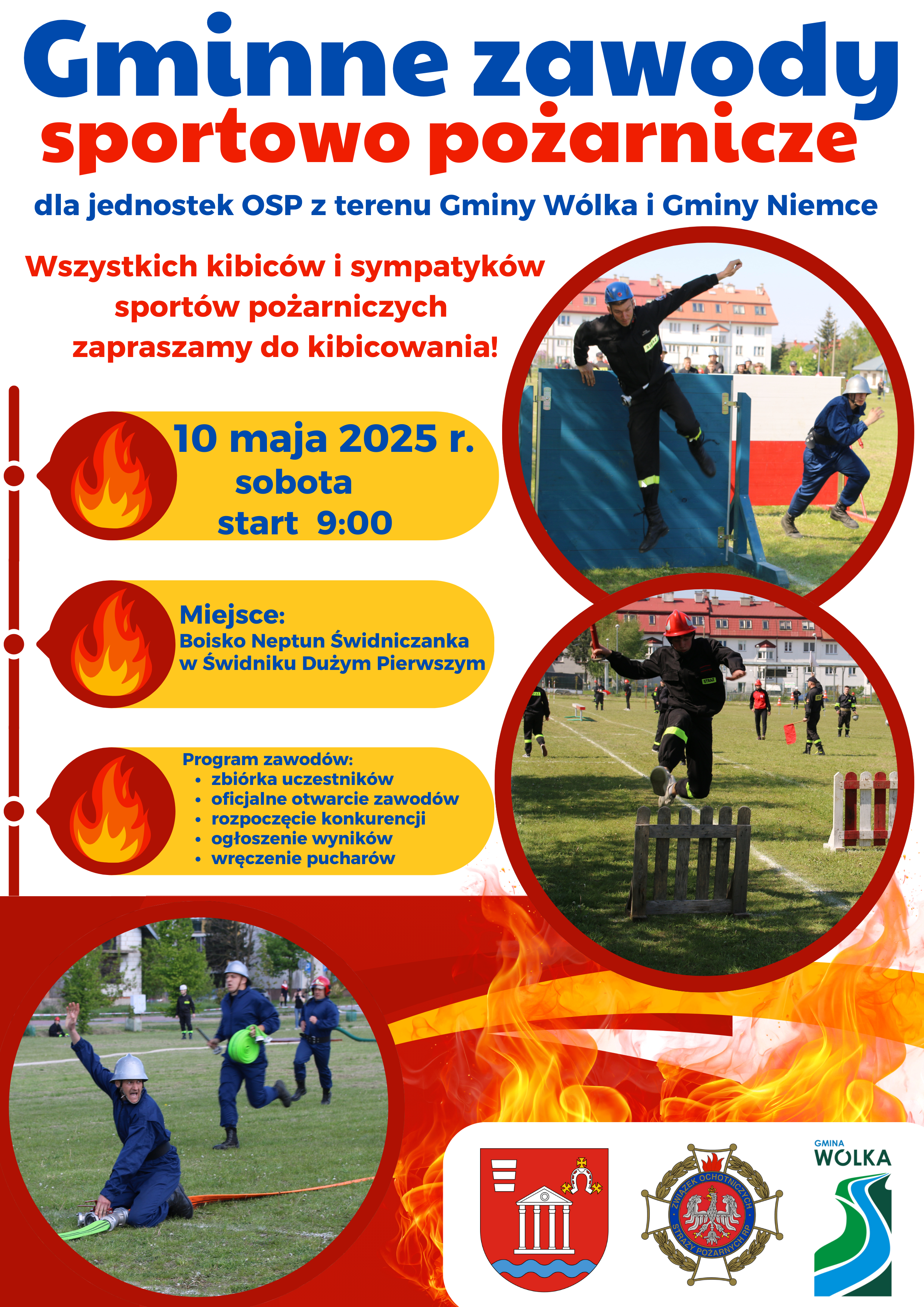 Plakat promujący Gminne Zawody Sportowo-Pożarnicze. Zawiera informacje o dacie, miejscu i godzinach zawodów. Znajdują się również zdjęcia zawodników i logotypy organizatorów. Dominują kolory czerwony, żółty i niebieski.