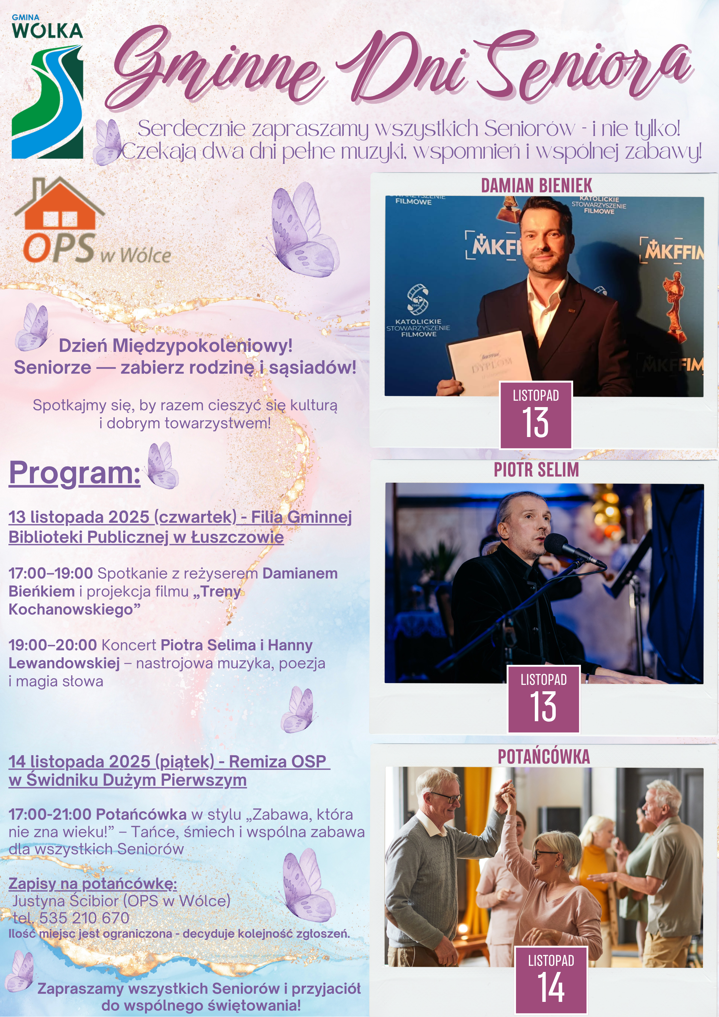 Plakat promujący "Gminne Dni Seniora". Zawiera informacje o terminach i lokalizacjach wydarzeń, takich jak koncerty i potańcówki, oraz zdjęcia artystów. Widoczne są daty: 13 i 14 listopada, a także logotypy gminy i OSP.