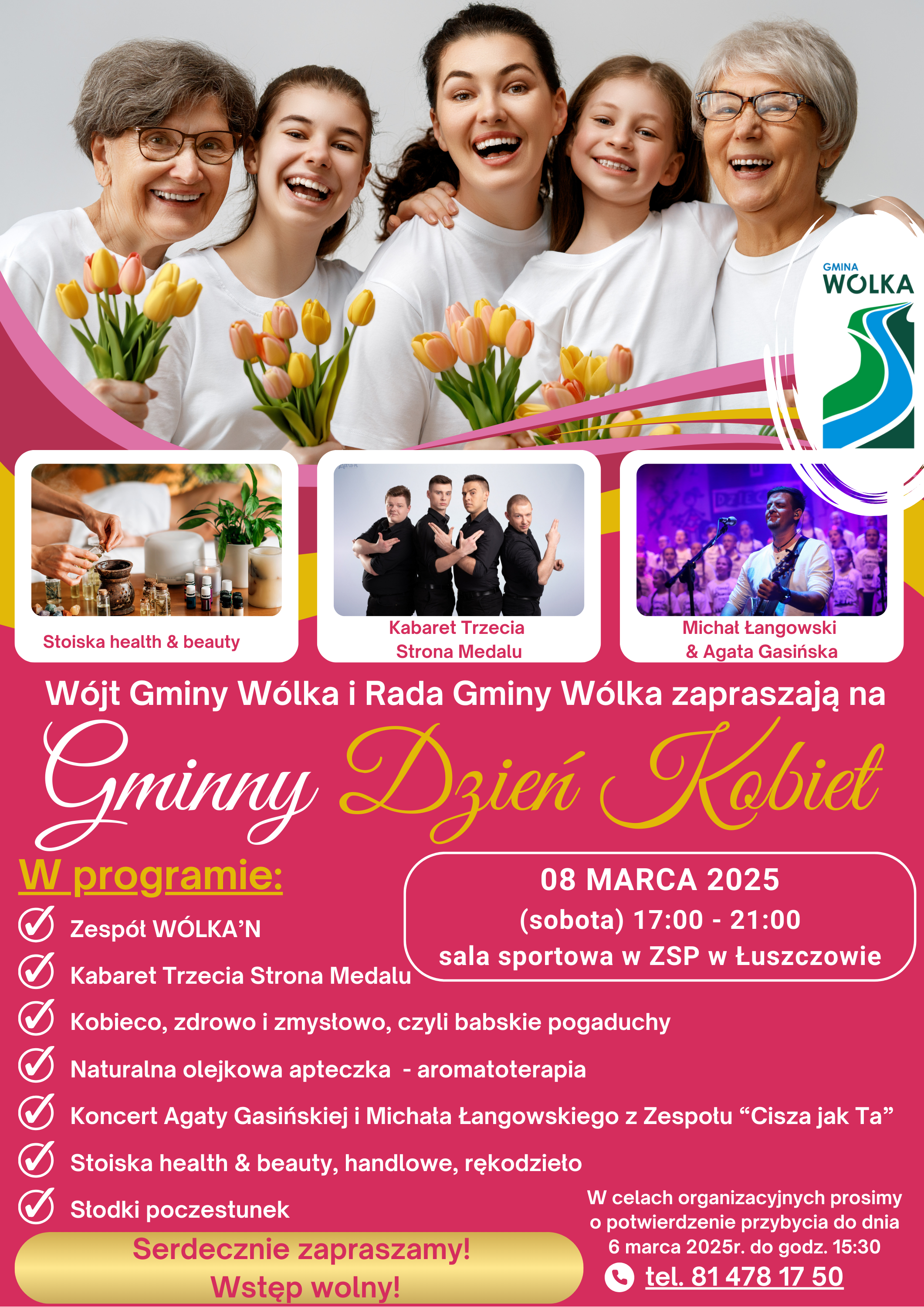 Plakat promujący Gminny Dzień Kobiet w Wólce. W programie występy artystyczne, warsztaty, koncert i wiele stoisk. Data: 8 marca 2025, godz. 17:00-21:00. Wstęp wolny. Aspekt wizualny: kobiety trzymające tulipany, logo gminy.