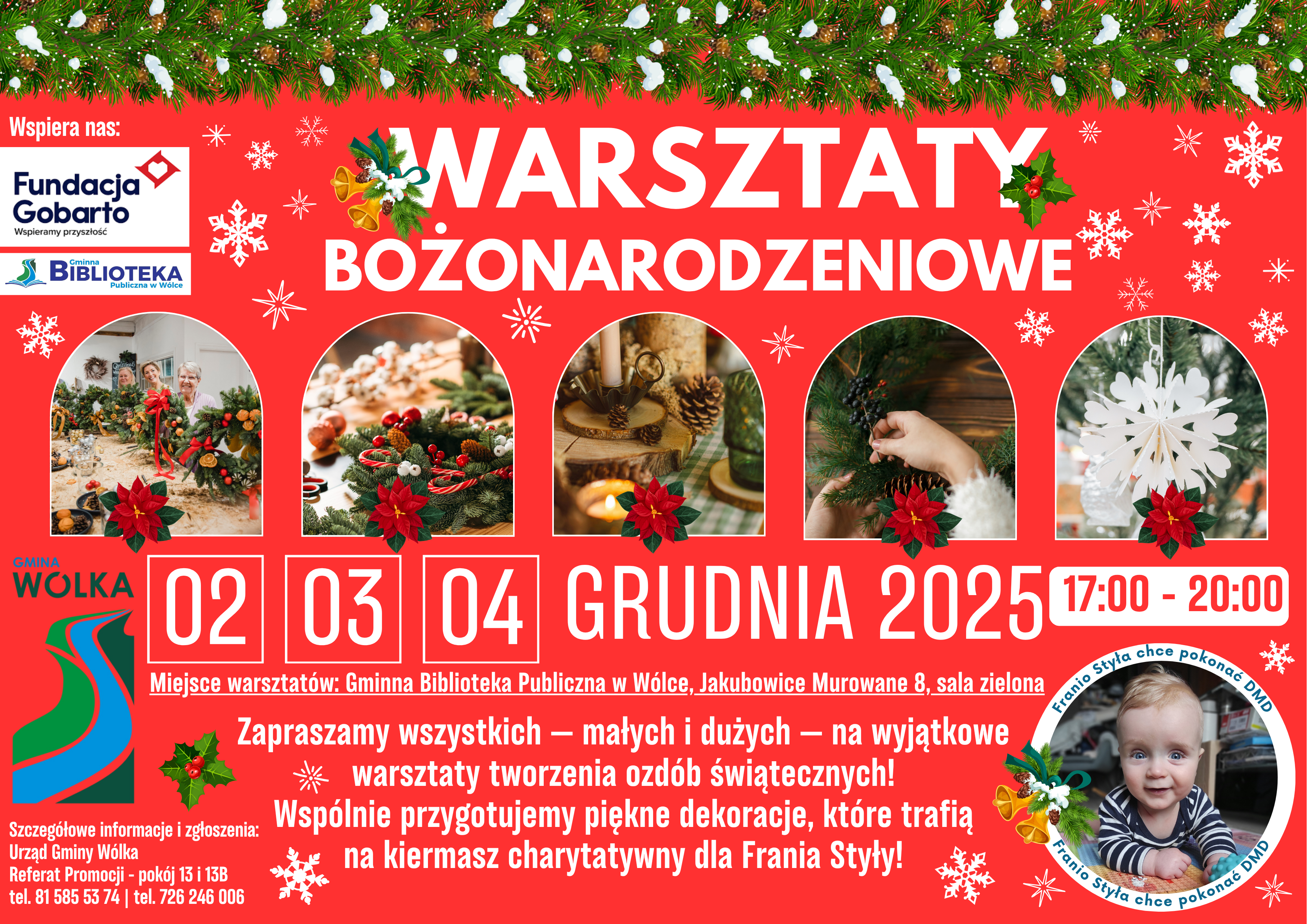 Plakat zaprasza na warsztaty bożonarodzeniowe, które odbędą się od 2 do 4 grudnia 2025 roku w bibliotece. Zawiera daty, godziny i adres oraz zdjęcia ozdób świątecznych i uśmiechniętego dziecka. Wspiera ją Fundacja Gobarto.