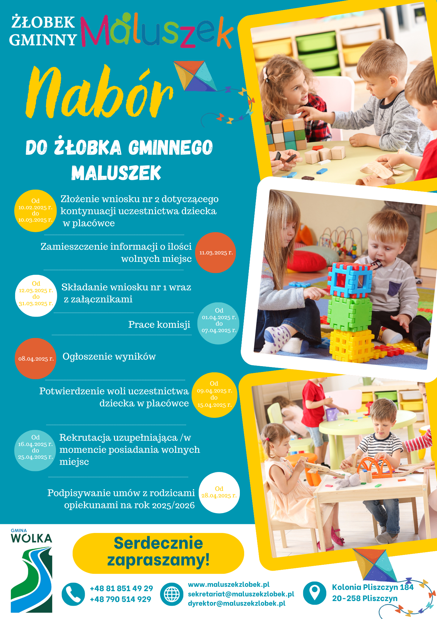 Plakat promocyjny rekrutacji do żłobka "Maluszek". Zawiera informacje o etapach rekrutacji, kontakt, kolorowe zdjęcia dzieci bawiących się klockami oraz grafikę z kolorowym napisem "Nabór".