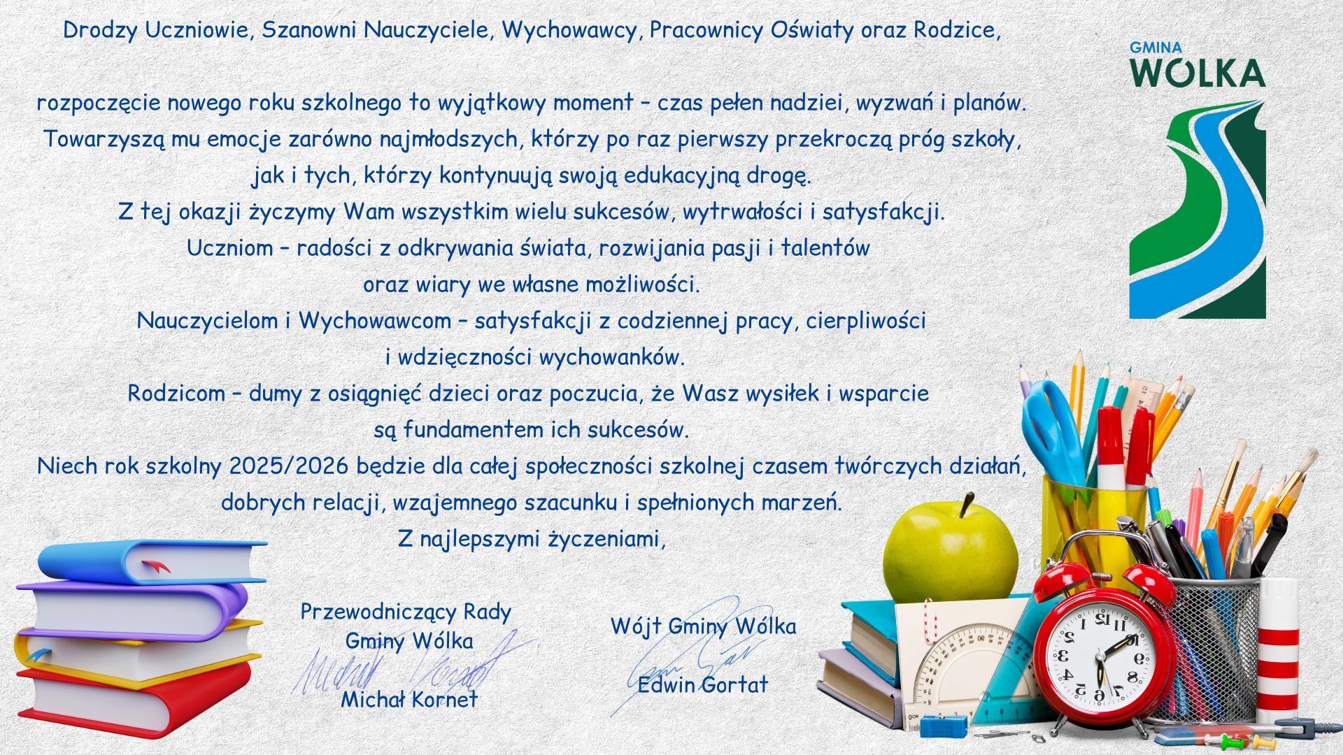 Na kolorowej grafice znajduje się list z życzeniami dla uczniów, nauczycieli i rodziców na nowy rok szkolny 2023/2024 od władz Gminy, obok dekoracje szkolne: pióro, książki, globe, ołówki, kredki. W tle logo gminy.