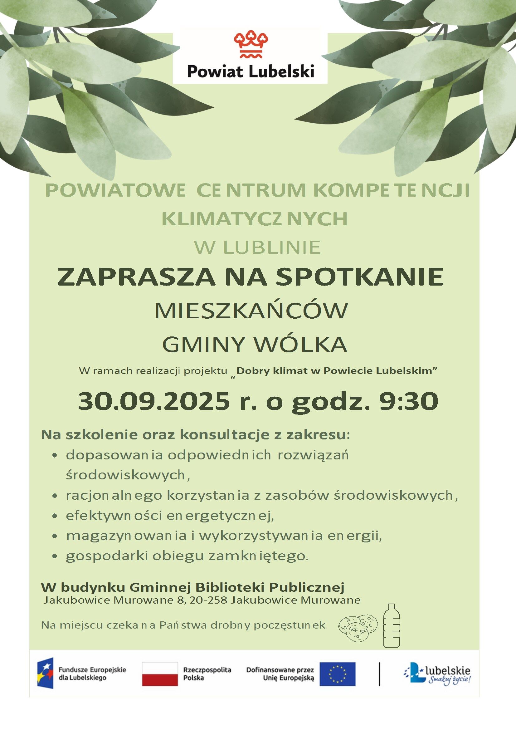 Plakat promujący spotkanie w Lublinie o tematyce ekologicznej, dotyczące efektywności energetycznej i ochrony środowiska. Zawiera datę, miejsce i tematy szkolenia, a także logotypy organizatorów i elementy roślinne.