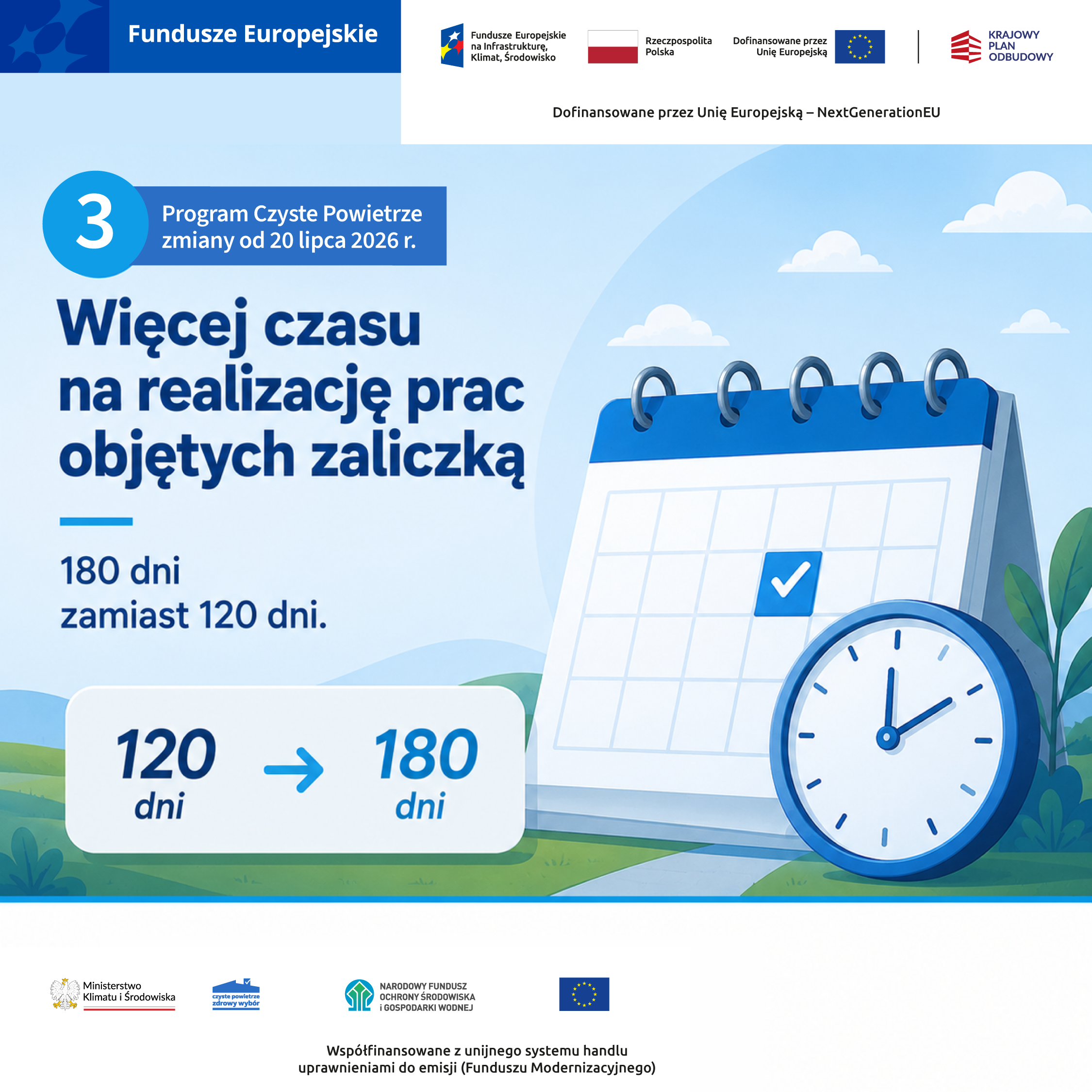 Grafika promująca Fundusze Europejskie. Zawiera informację o przedłużeniu okresu realizacji prac objętych zaliczką z 120 do 180 dni. W tle widoczny kalendarz, drzewa i g&oacute;ry.