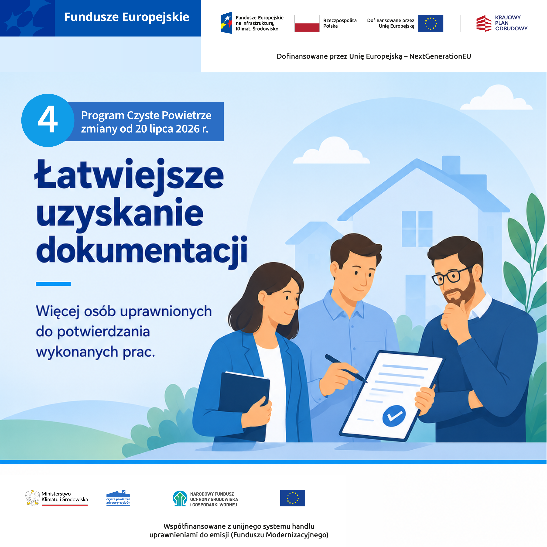 Na ilustracji grupa trzech os&oacute;b dyskutuje nad dokumentami. W tle znajduje się symboliczny zarys domu. Grafika informuje o łatwiejszym uzyskaniu dokumentacji w programie Czyste Powietrze.