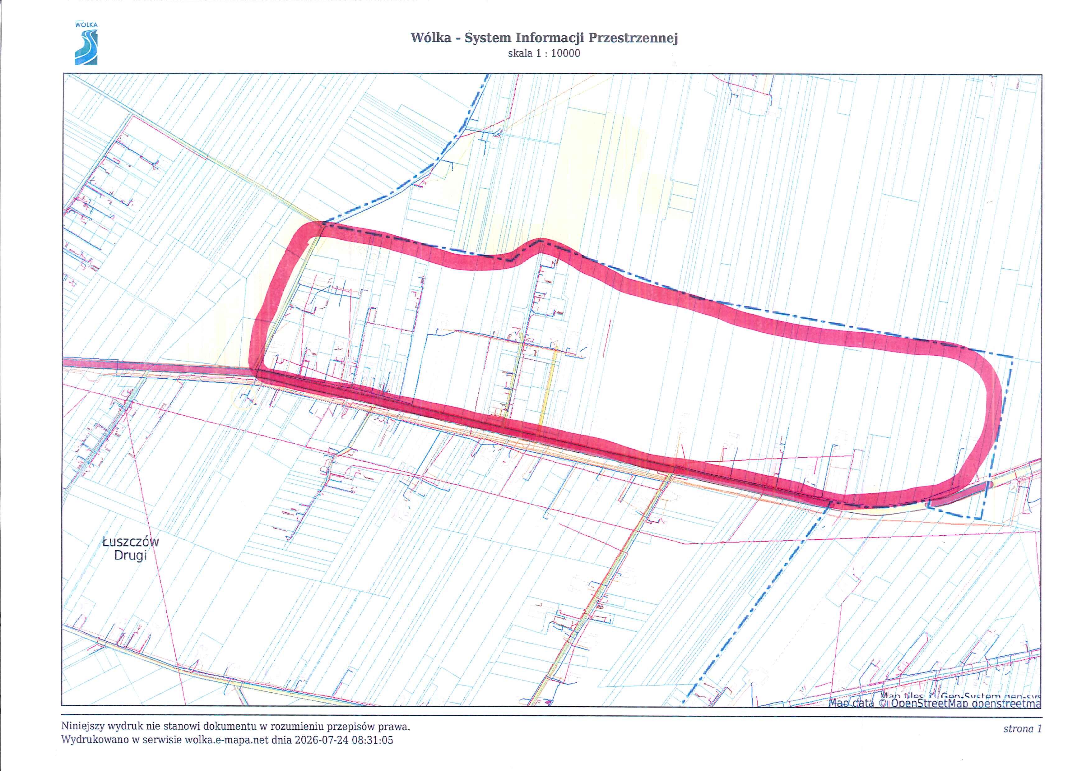 Mapa przedstawia obszar w miejscowości Łuszcz&oacute;w Drugi z zaznaczonym na czerwono terenem. Widoczne są linie granic i struktury geograficzne, z legendą w lewym g&oacute;rnym rogu.