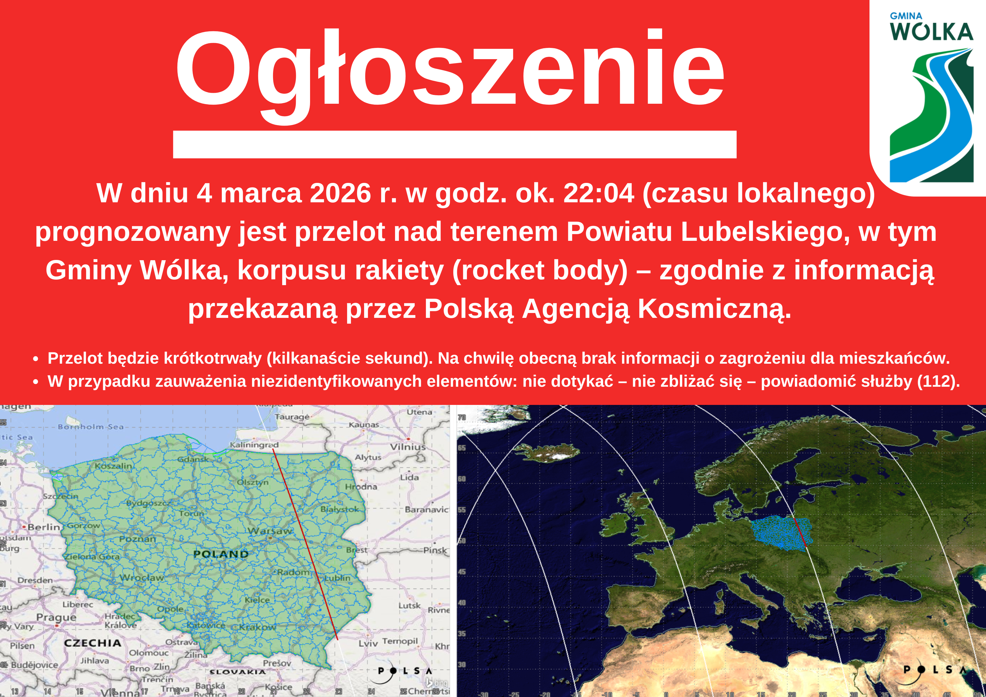 Grafika informacyjna o przelocie rakiety nad Powiatem Lubelskim. Zawiera datę, godzinę, mapy obszaru i informacje o braku zagrożeń dla mieszkańc&oacute;w, wydane przez Polską Agencję Kosmiczną i Gminę W&oacute;lka.