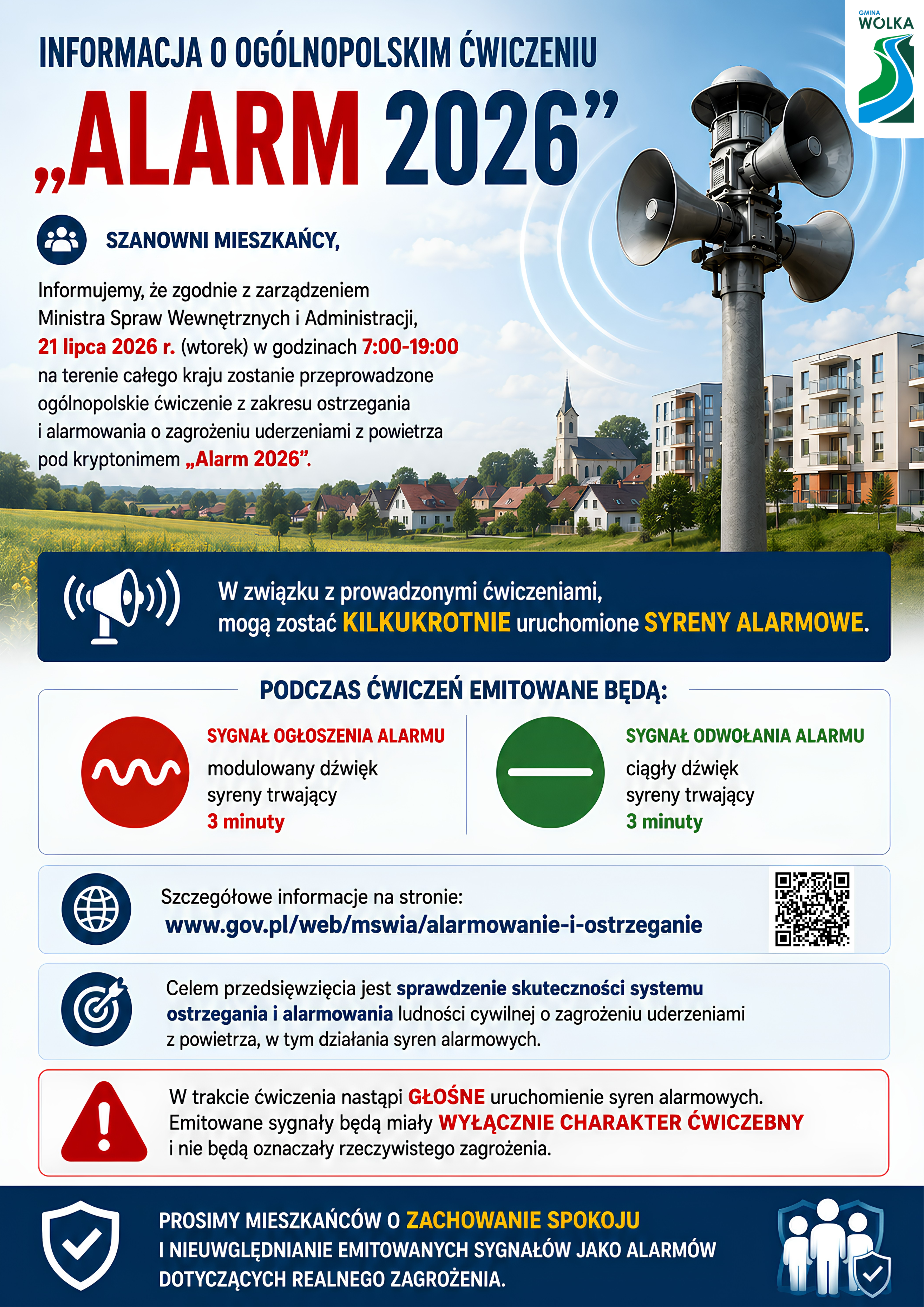 Plakat informuje o og&oacute;lnopolskim ćwiczeniu "Alarm 2026". Zawiera szczeg&oacute;ły dotyczące termin&oacute;w i godzin oraz ostrzeżenia o uruchomieniu syren alarmowych. Zawiera też zalecenie zachowania spokoju.