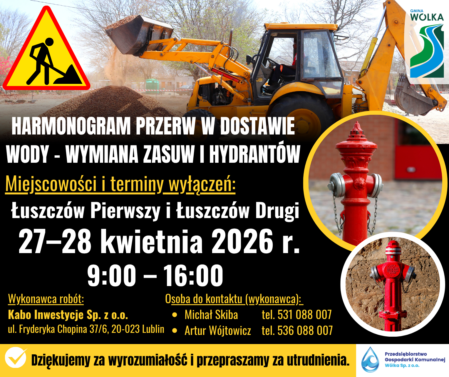 Plakat informujący o przerwie w dostawie wody 27-28 kwietnia 2026 w Łuszczowie Pierwszym i Drugim. Zawiera grafikę koparki, zdjęcia hydrantu oraz dane kontaktowe firmy i urzędu gminy W&oacute;lka.
