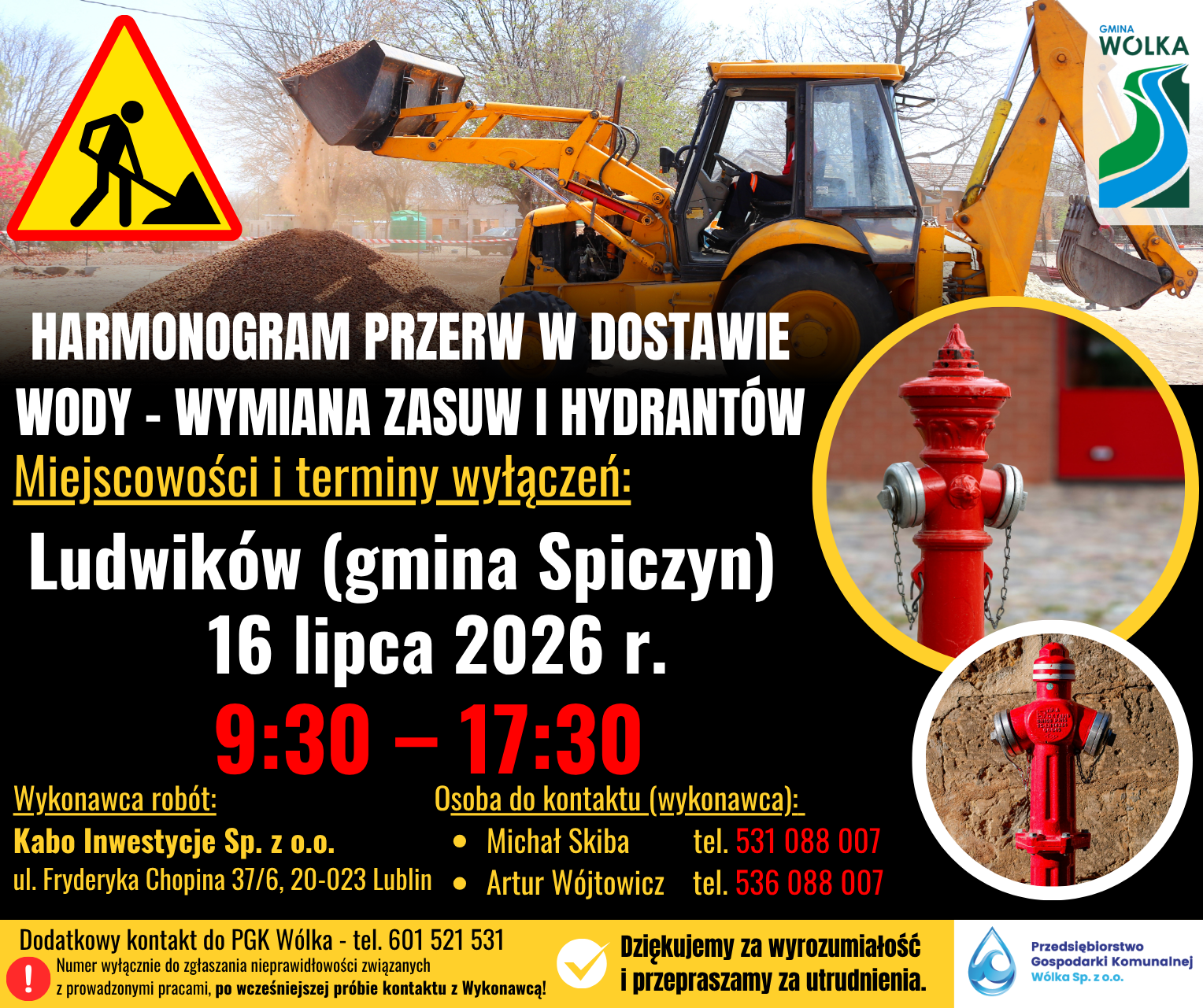 Plakat informacyjny o przerwie w dostawie wody w gminie Spiczyn 16 lipca 2026. Zawiera datę, godziny, dane kontaktowe oraz zdjęcie hydrantu i koparki. Wykonawca: Kabo Inwestycje, kontakt Marcin Tel.: 531 088 007.