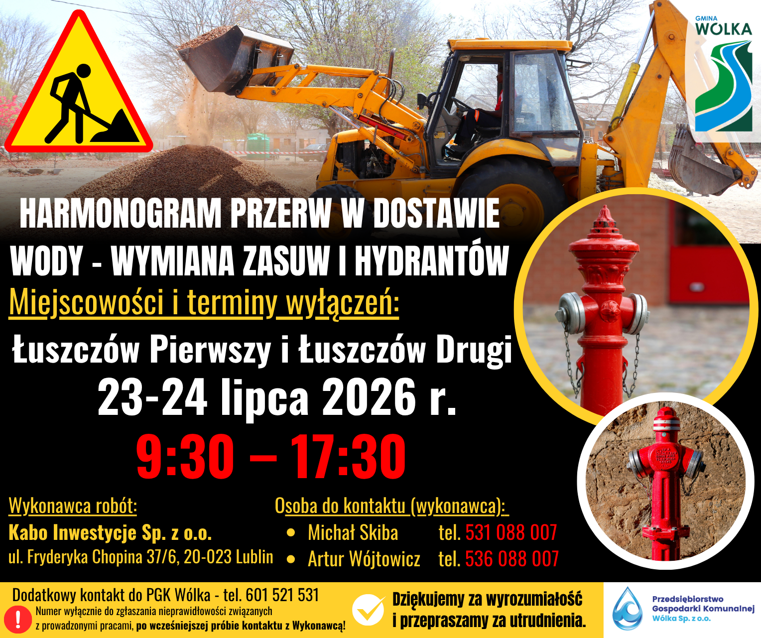 Plakat informacyjny o przerwach w dostawie wody 23-24 lipca 2026 r. w Łuszczowie. Grafika zawiera zdjęcia koparki, hydrantu i prac modernizacyjnych oraz dane kontaktowe do wykonawcy i zarządu.