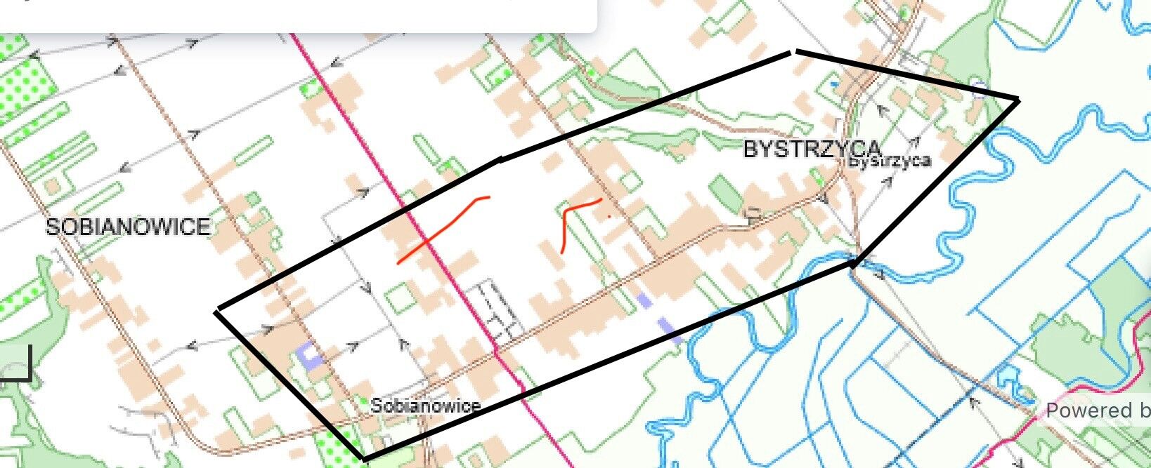 Mapa topograficzna okolic Sobianowic i Bystrzycy z czarną ramką oznaczającą obszar przerwy w dostawie wody. Ramka obejmuje wschodnią część Sobianowic i zabudowę Bystrzycy. Widoczne są drogi, rzeka i tereny zielone.