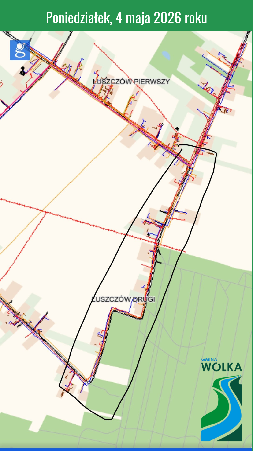 Mapa gminy W&oacute;lka z oznaczonymi miejscowościami: Łuszcz&oacute;w Pierwszy i Łuszcz&oacute;w Drugi. Widoczna jest trasa z czarną linią. W prawym dolnym rogu znajduje się logo gminy. Data: poniedziałek, 4 maja 2026 roku.