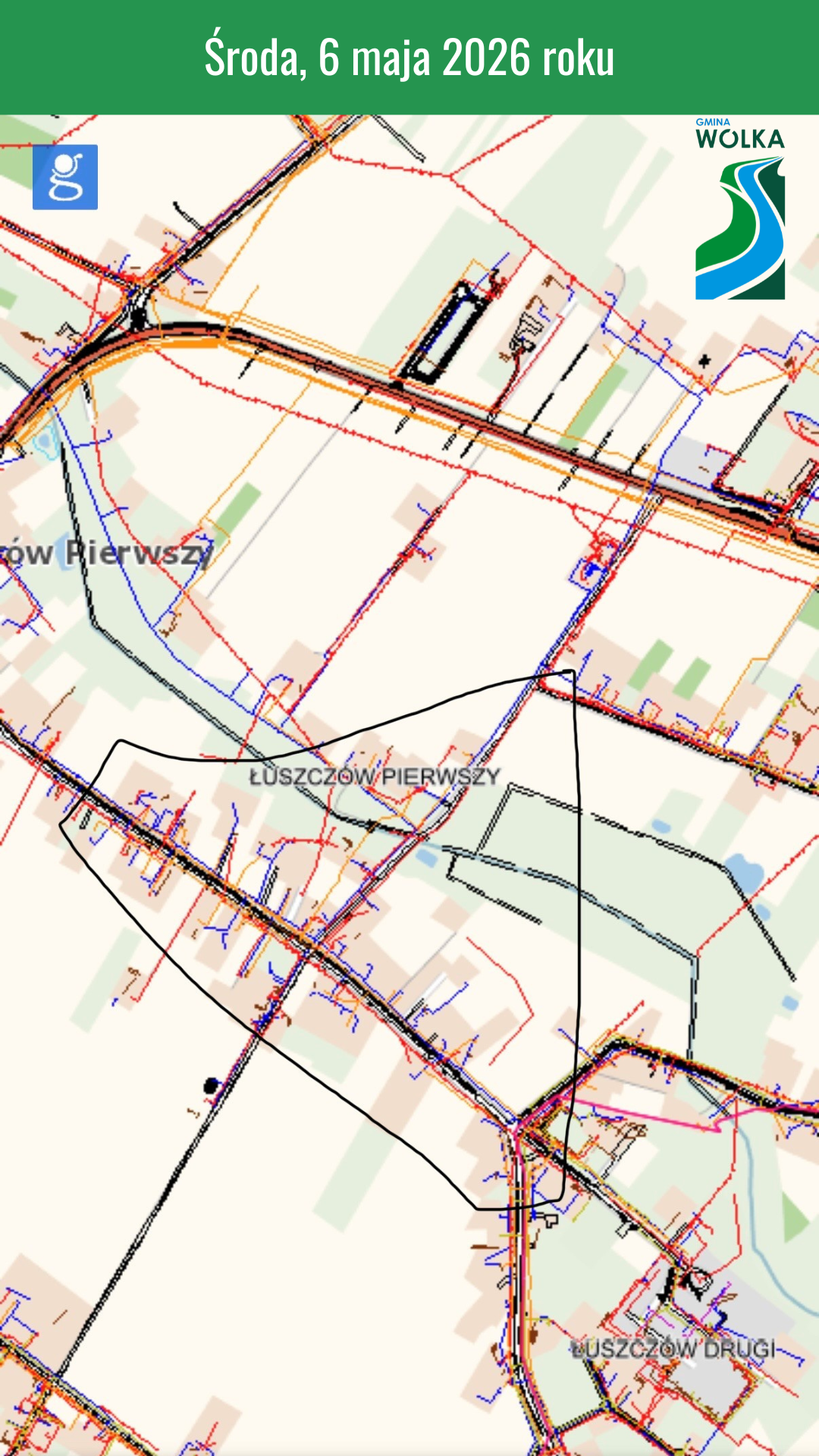 Mapa przedstawia drogowy układ komunikacyjny z zaznaczonymi miejscowościami Łuszcz&oacute;w Pierwszy i Łuszcz&oacute;w Drugi. Widoczne są drogi, linie oraz granice administracyjne.