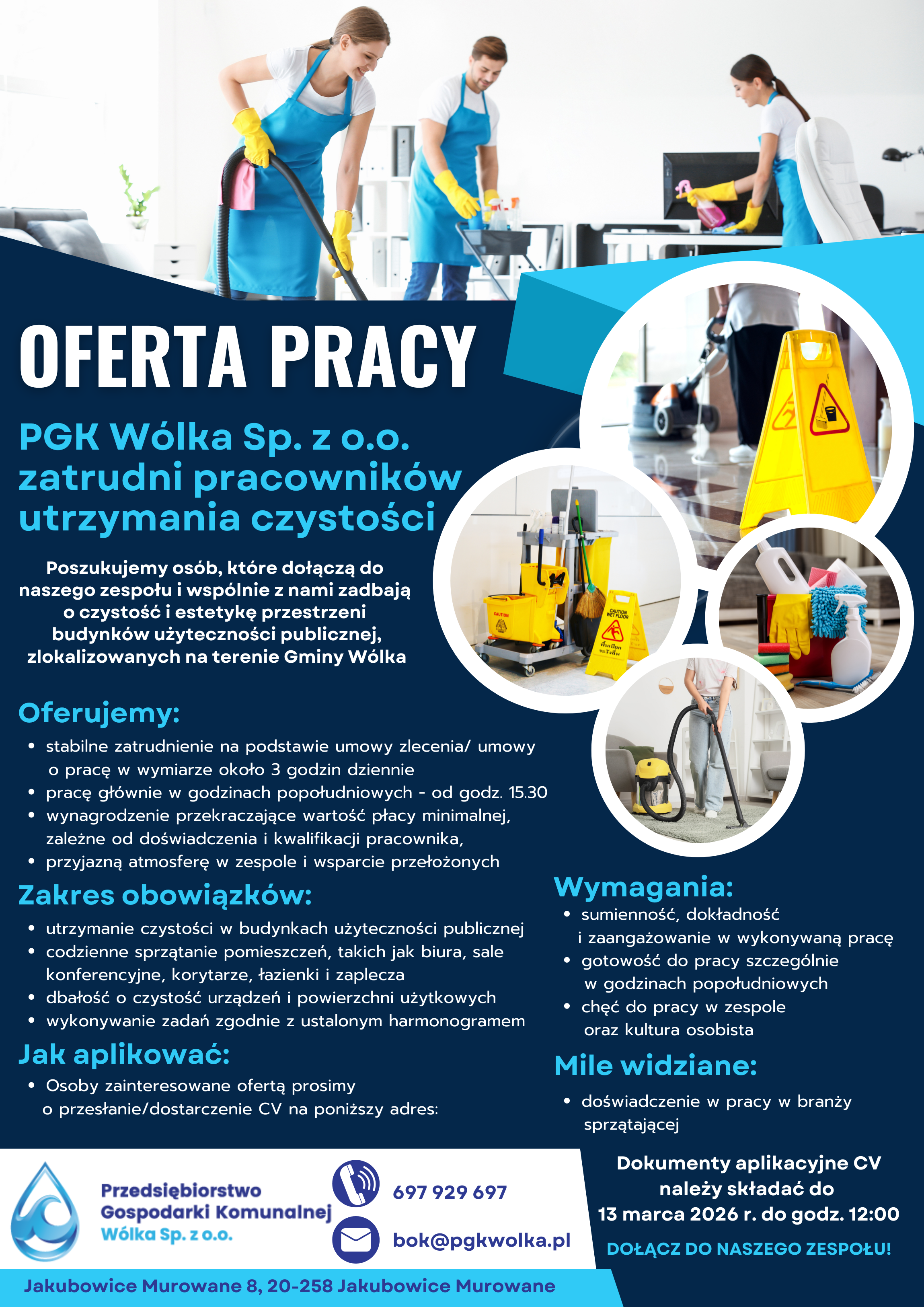Plakat rekrutacyjny dla PGK W&oacute;lka Sp. z o.o. Szukają pracownik&oacute;w do utrzymania czystości. Zawiera informacje o ofercie pracy, wymaganiach, obowiązkach oraz dane kontaktowe. Zdjęcia przedstawiają osoby sprzątające.