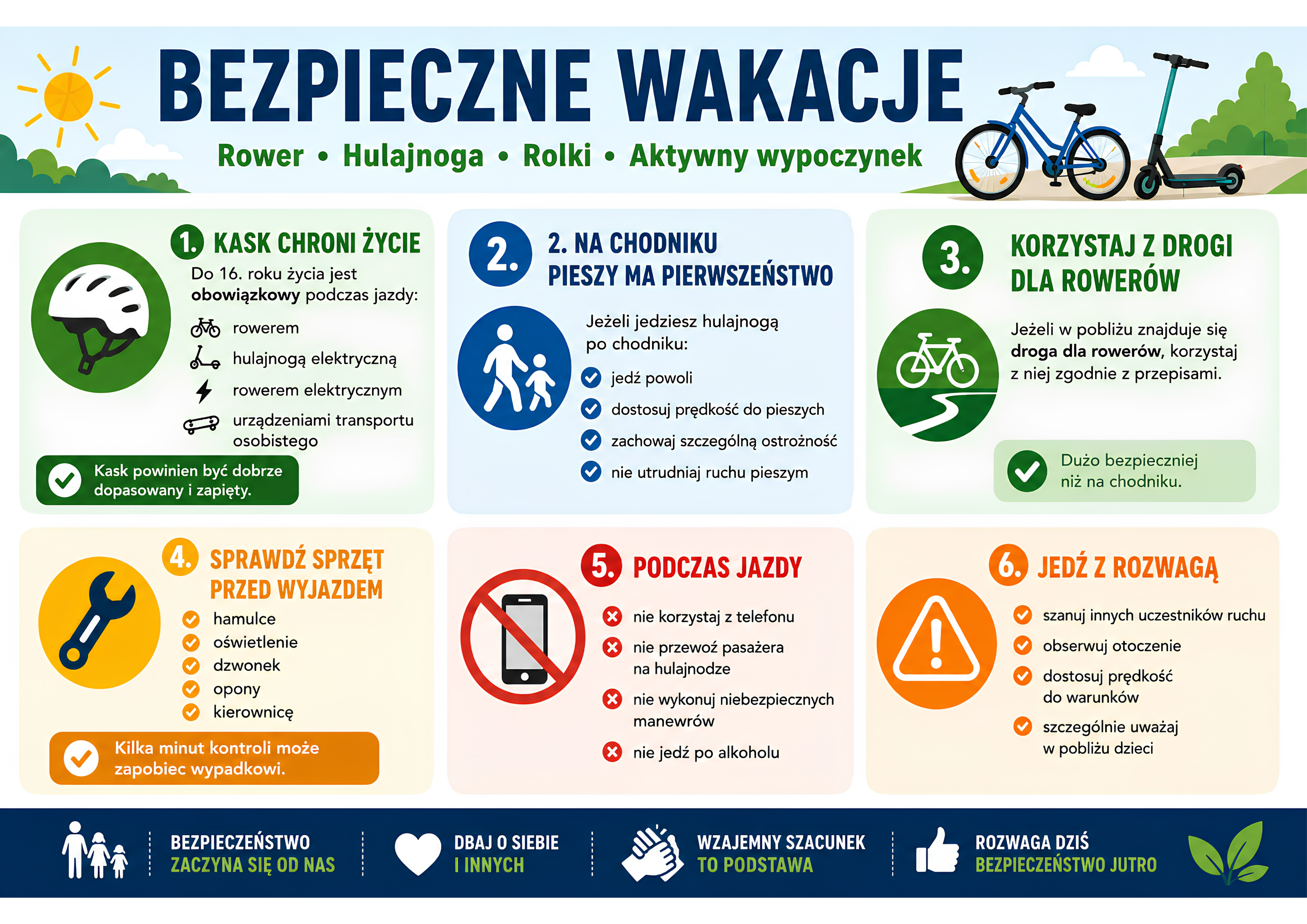 Alternatywny opis obrazu: 

Infografika dotycząca bezpiecznych wakacji, zawiera sześć zasad dotyczących bezpieczeństwa podczas korzystania z roweru, hulajnogi i rolek. Zasady odnoszą się do używania kasku, chodnikowego ruchu pieszego, dr&oacute;g dla rower&oacute;w, sprawdzania sprzętu, używania sygnał&oacute;w oraz zasad podczas jazdy.