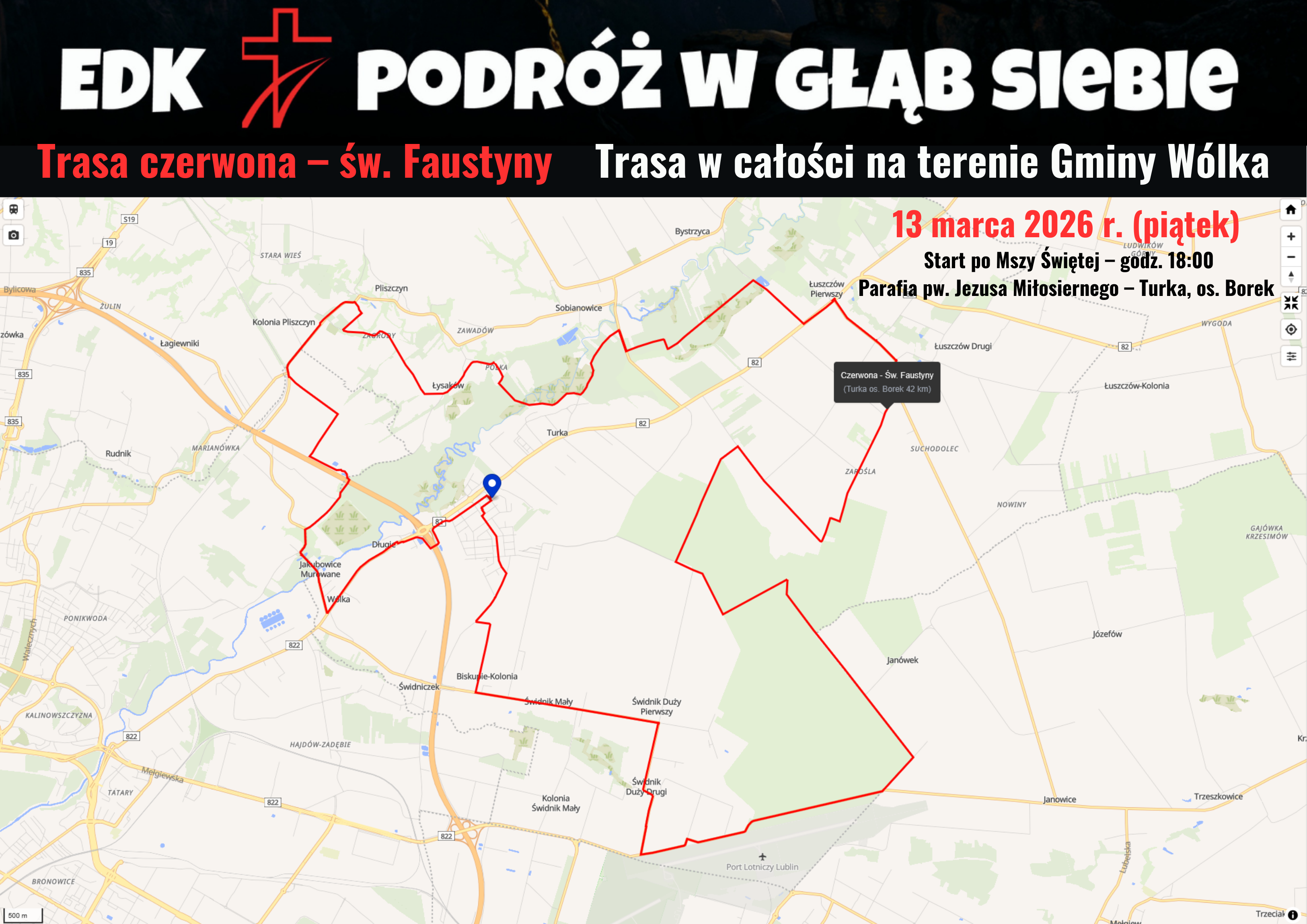 Mapa przedstawia trasę czerwonej Ekstremalnej Drogi Krzyżowej św. Faustyny na terenie Gminy W&oacute;lka. Zawiera datę wydarzenia: 13 marca 2026, godzinę rozpoczęcia oraz informację o punkcie startowym.