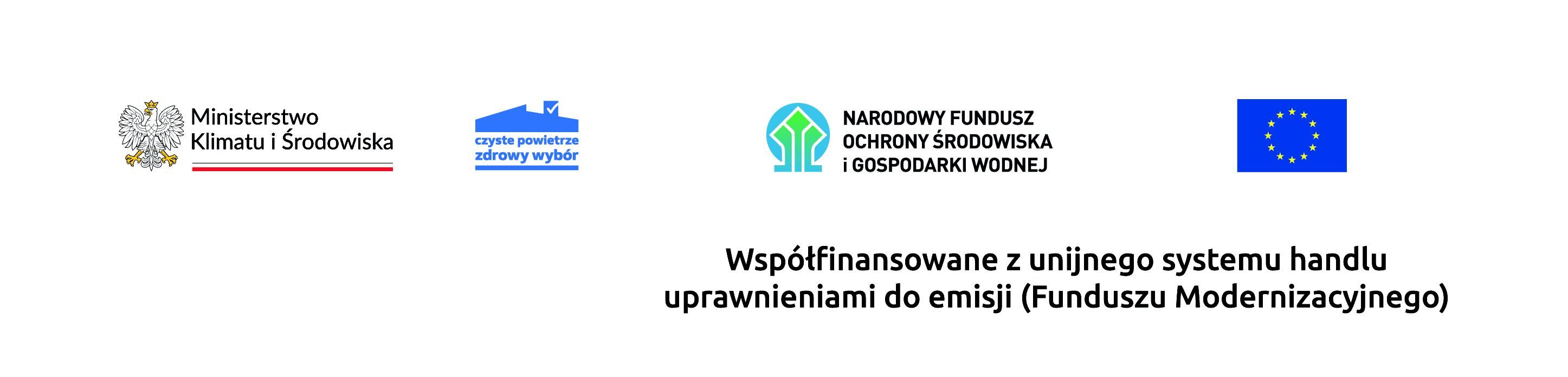 Logo Ministerstwa Klimatu i Środowiska, Narodowego Funduszu Ochrony Środowiska i Gospodarki Wodnej oraz Unii Europejskiej z dopiskiem &bdquo;Wsp&oacute;łfinansowane z unijnego systemu handlu uprawnieniami do emisji (Fundusz Modernizacyjny)&rdquo;.