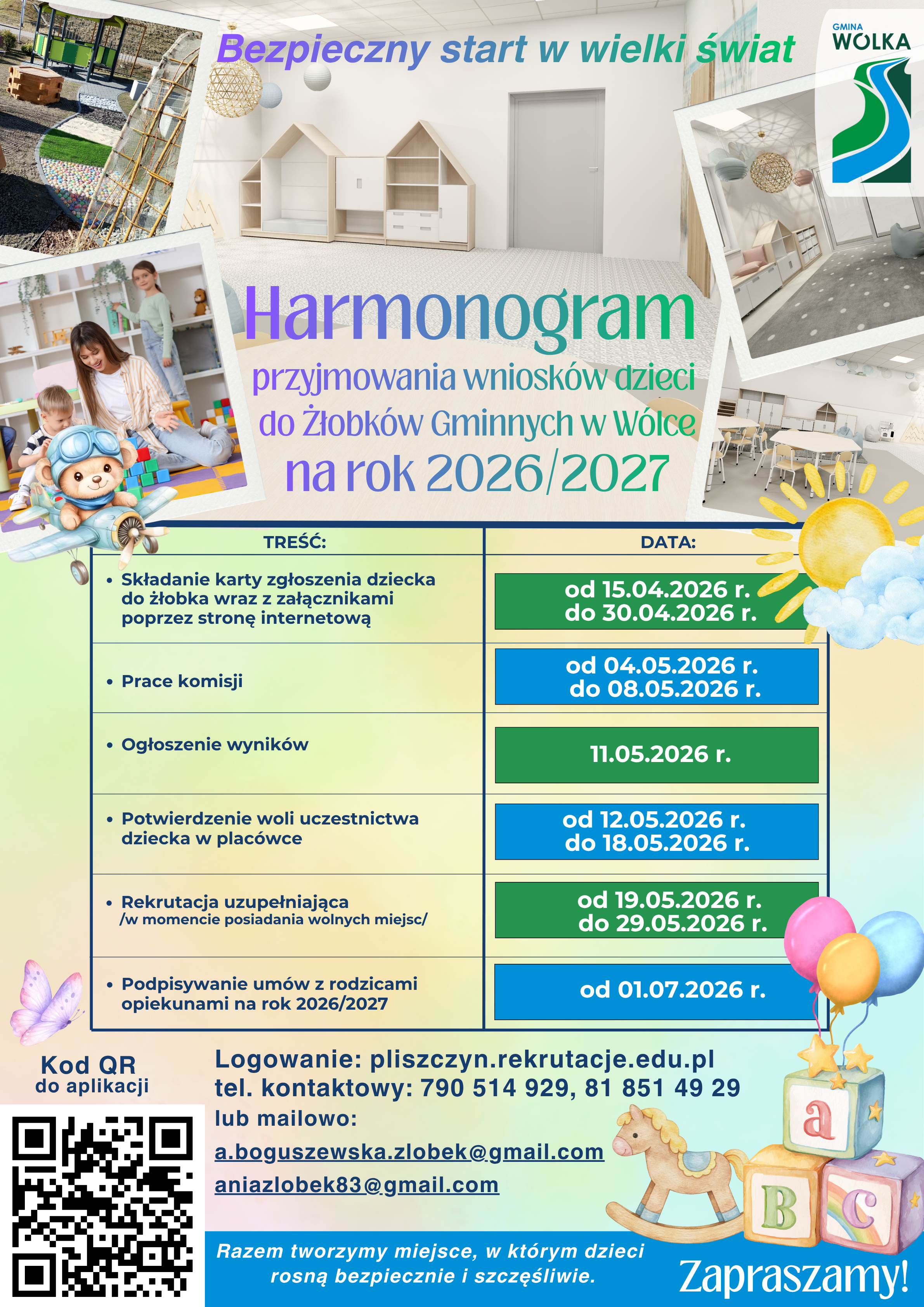 Plakat promujący nab&oacute;r do żłobk&oacute;w w W&oacute;lce na rok 2026/2027. Zawiera terminy składania wniosk&oacute;w, ważne daty oraz zdjęcia dzieci i wnętrza. Znajdują się też dane kontaktowe i informacje o zapisach.