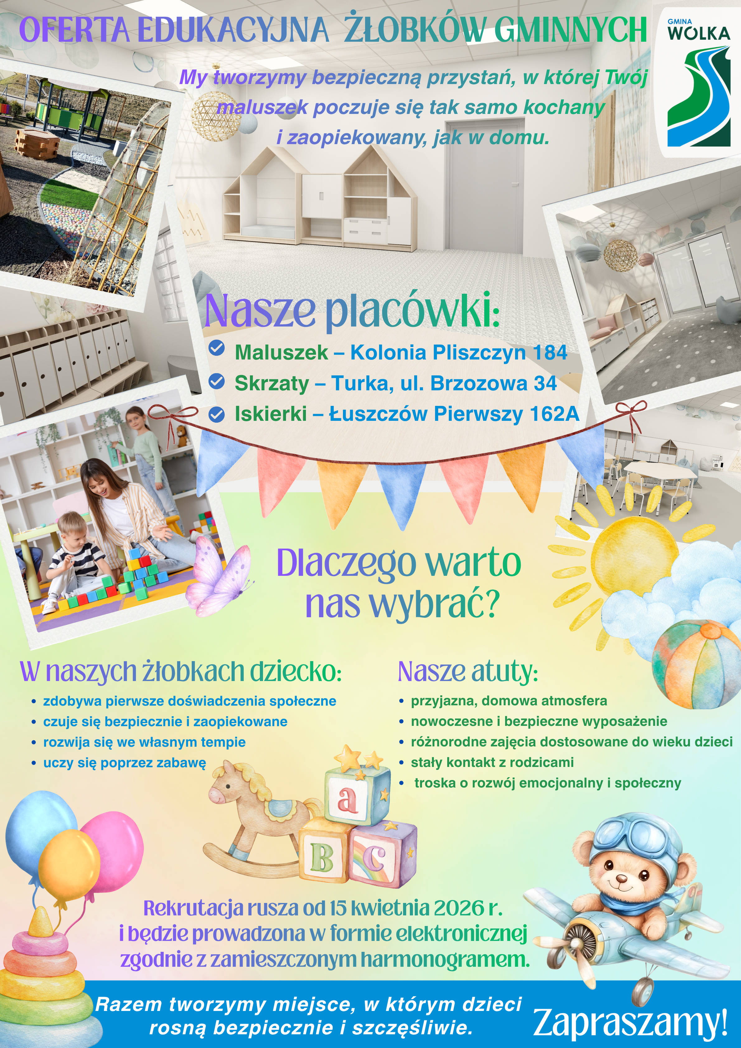 Żłobek gminny: oferta edukacyjna z kolorowymi zdjęciami sal żłobkowych i zabawkami. W tekście wymienione są zalety, plac&oacute;wki i kontakt. Kolorowe ilustracje zabawek i dzieci. Zaproszenie do zapis&oacute;w.