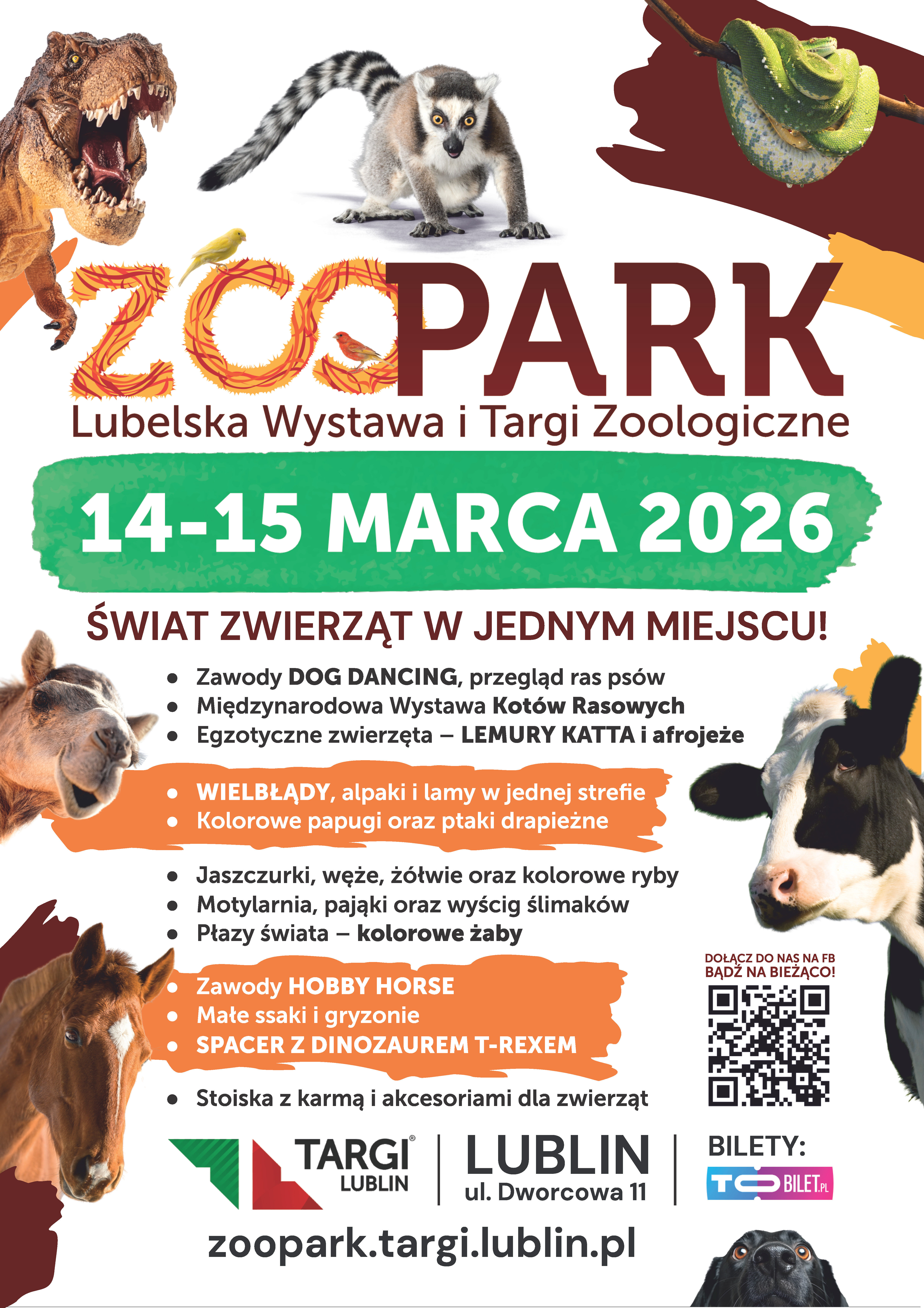 Plakat zapowiadający Zoopark w Lublinie, odbywający się 14-15 marca 2026. Zawiera zdjęcia zwierząt, informacje o atrakcjach takich jak dog dancing, pokaz gad&oacute;w, oraz kod QR.