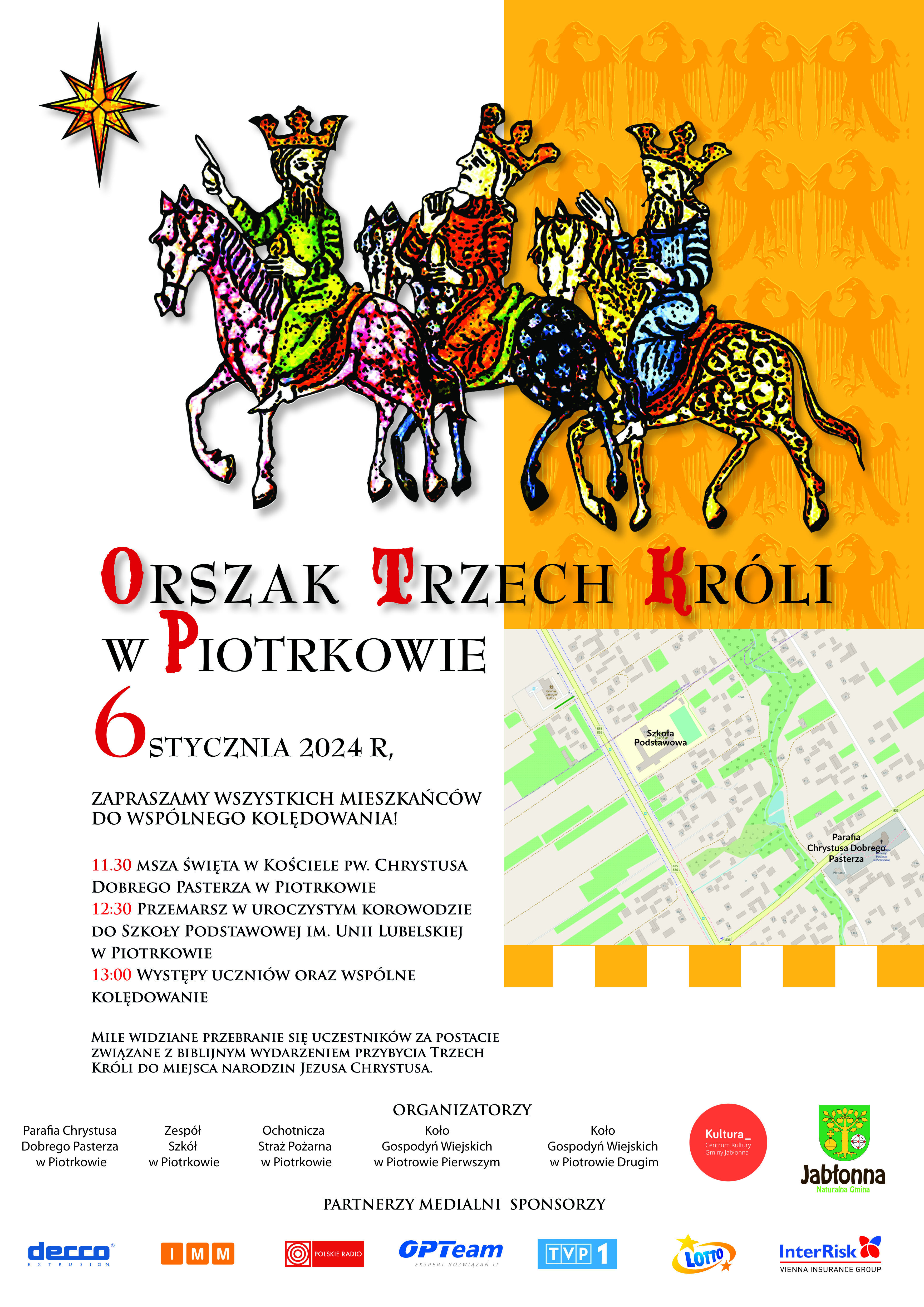 Plakat wydarzenia "Orszak Trzech Króli w Piotrkowie" z kolorowymi ilustracjami trzech postaci na camelach, szczegółowe informacje o wydarzeniu i loga sponsorów na dole.