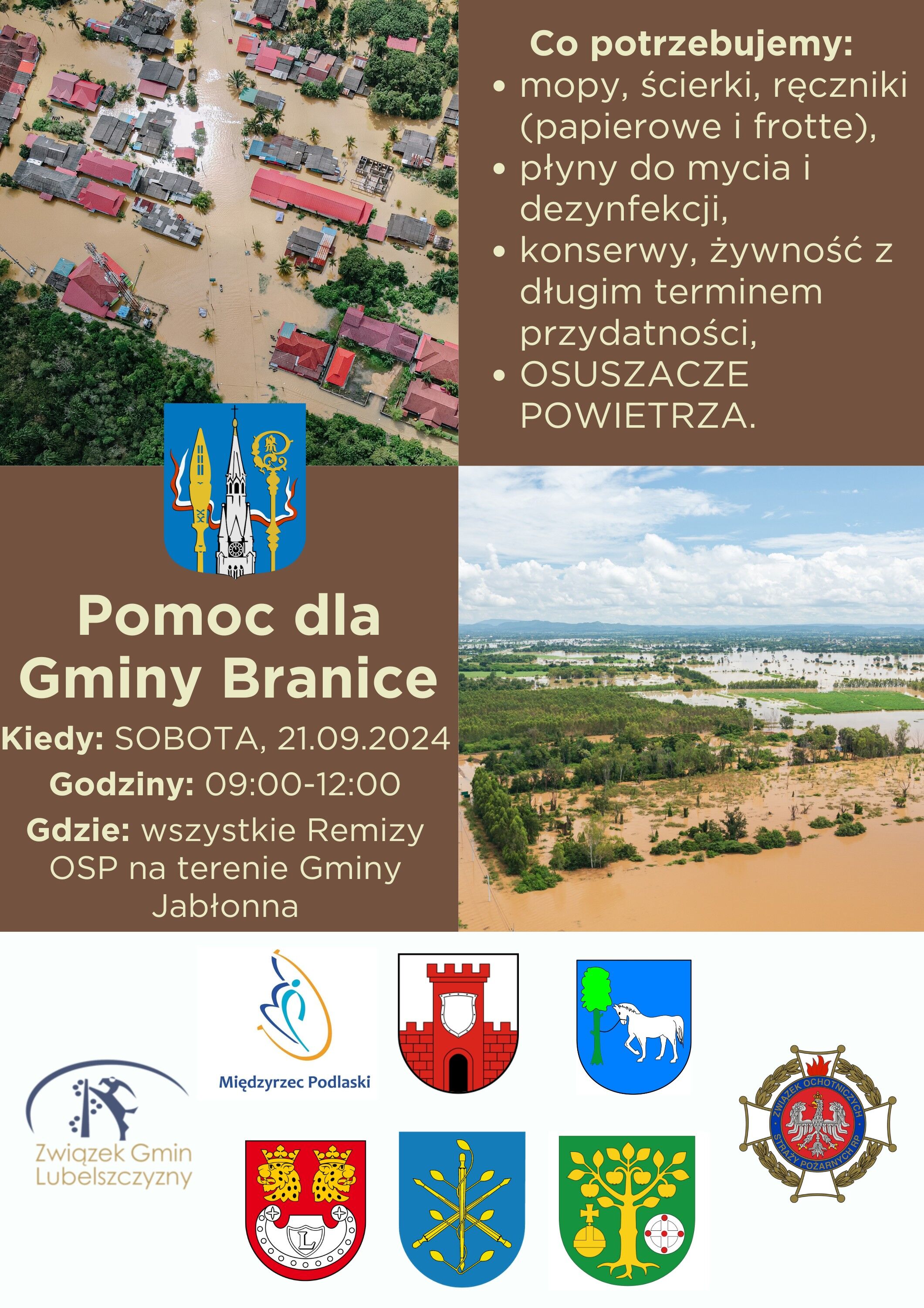 Plakat informacyjny o akcji pomocy dla Gminy Branice z ilustracjami m.in. dostaw pomocy, herbu gminy, i logotypami organizatorów.