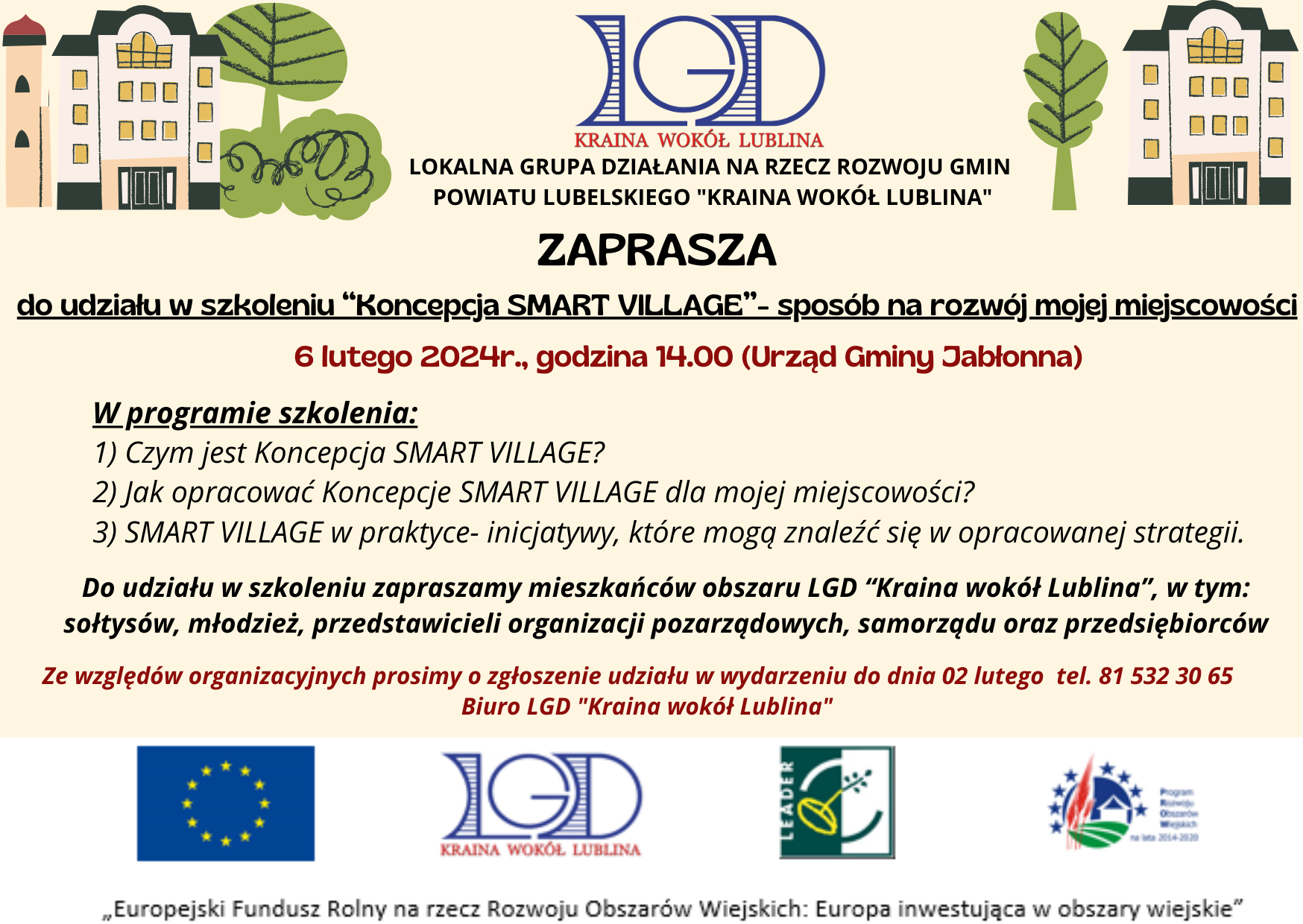 Zdjęcie przedstawia plakat na szkolenie dotyczące koncepcji "Smart Village". Zawiera grafiki domów, drzew, ludzi oraz informacje o wydarzeniu, organizatorach i funduszach UE.