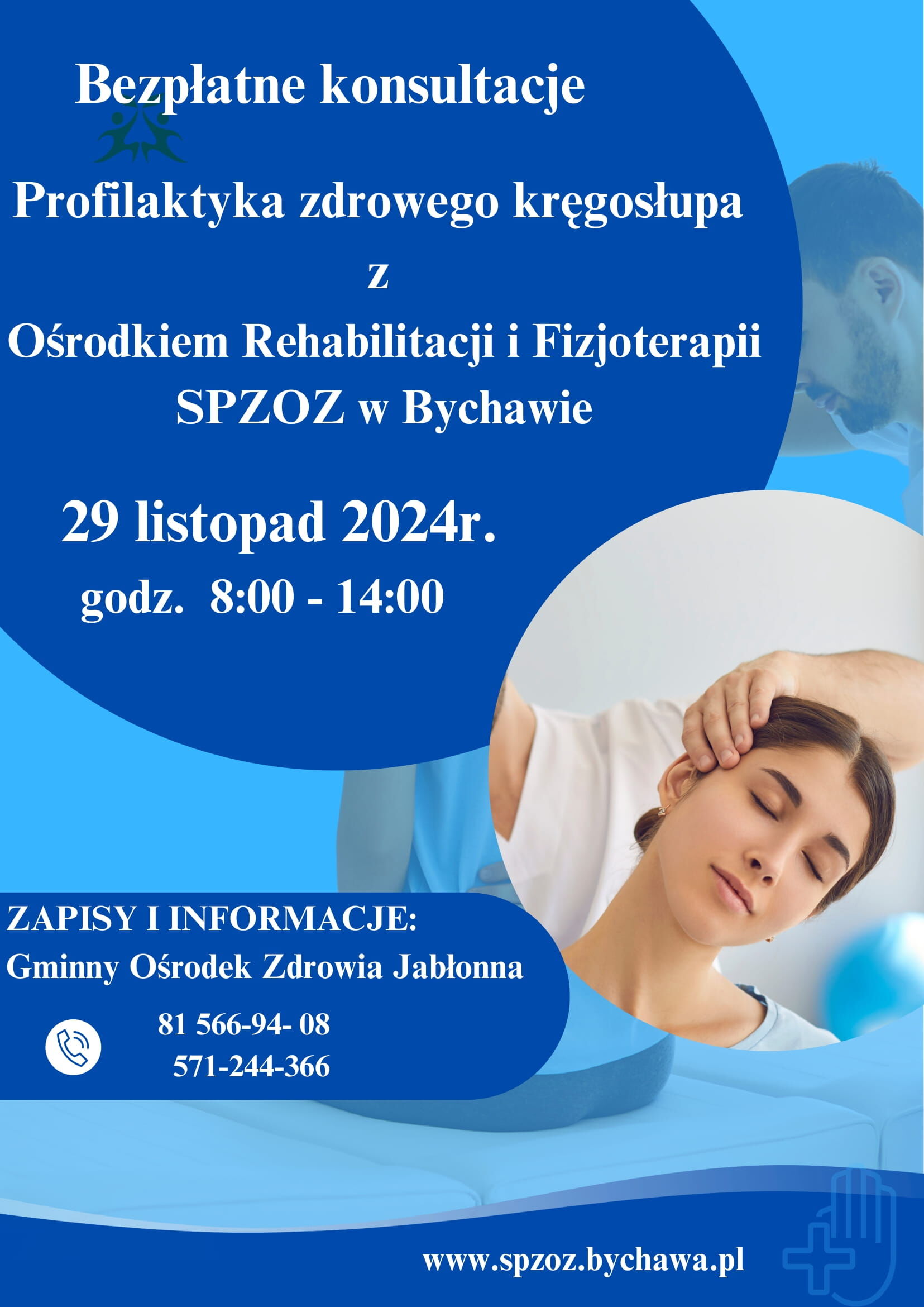 Plakat informacyjny o bezpłatnej konsultacji zdrowotnej z rehabilitacją i fizjoterapią w Ośrodku Rehabilitacji i Fizjoterapii w Bychawie, datowany na 29 listopada, w godz. 8:00-14:00. Zdjęcie przedstawia kobietę z zamkniętymi oczami, otrzymującą masaż szyi.