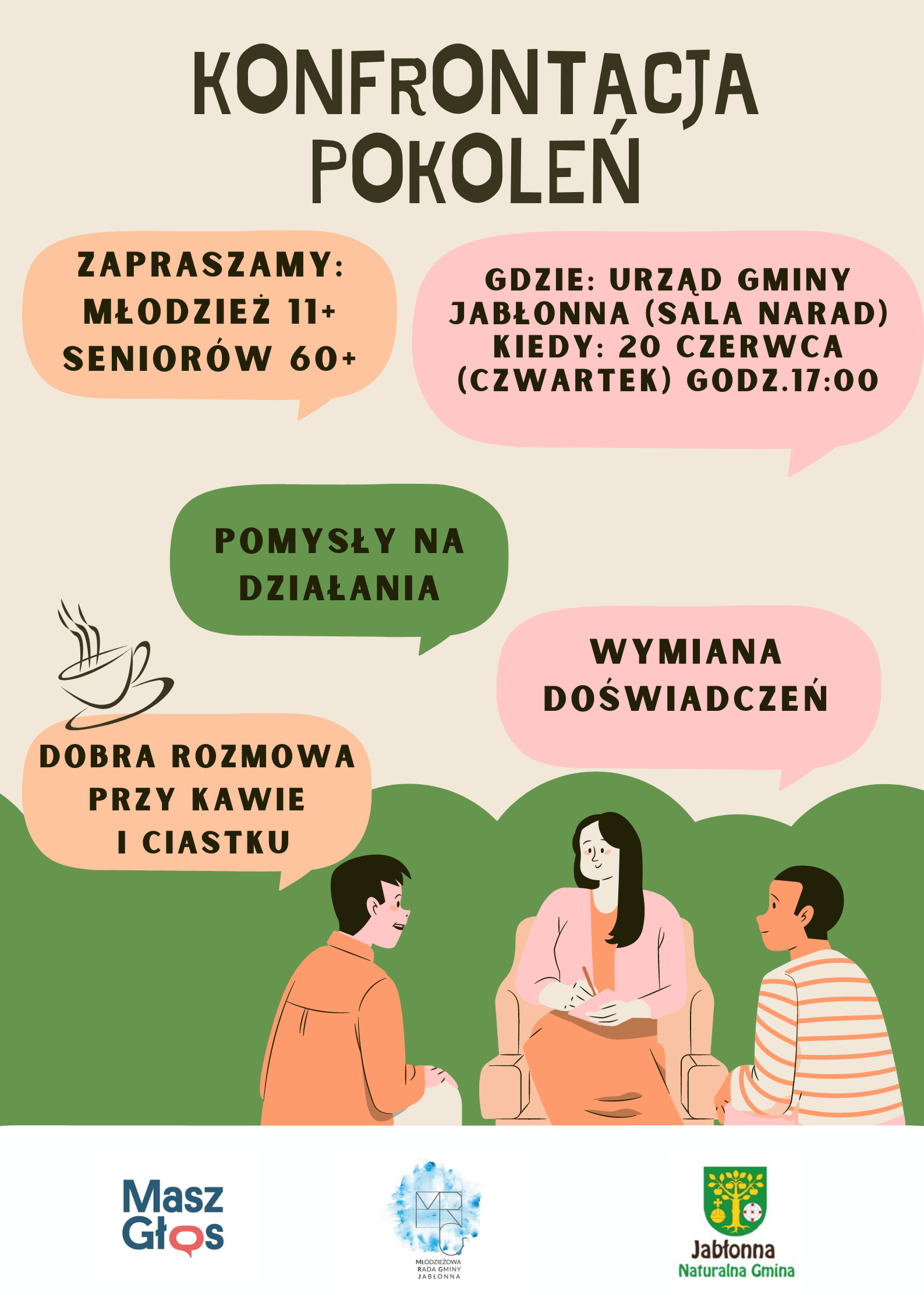 grafika, trzy osoby siedzące na fotelach i rozmawiające, tekst konfrontacja pokoleń