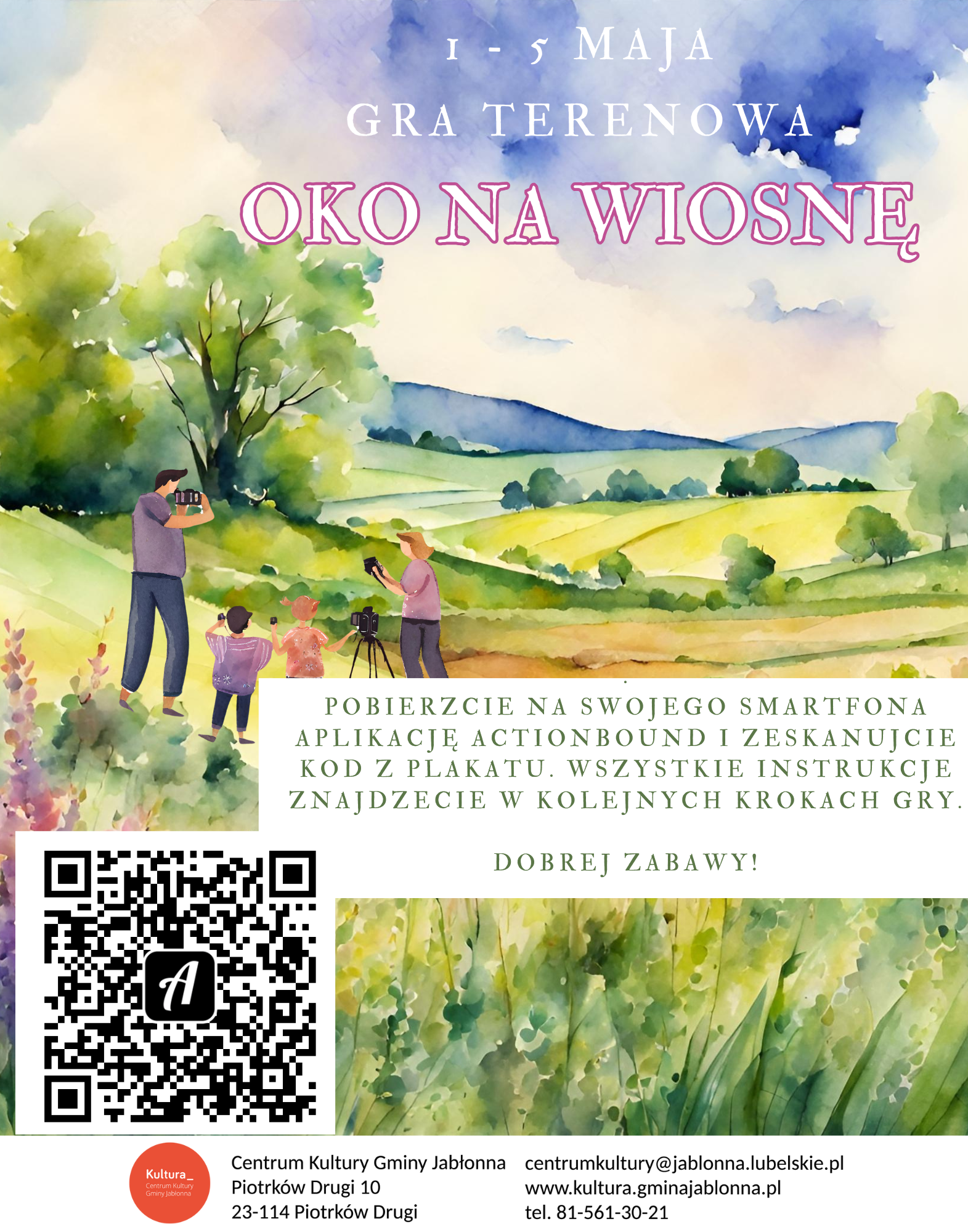 Plakat gry terenowej z ilustracją przedstawiającą rodzinę w parku i QR code, informacje o wydarzeniu, datą oraz loga organizacji.