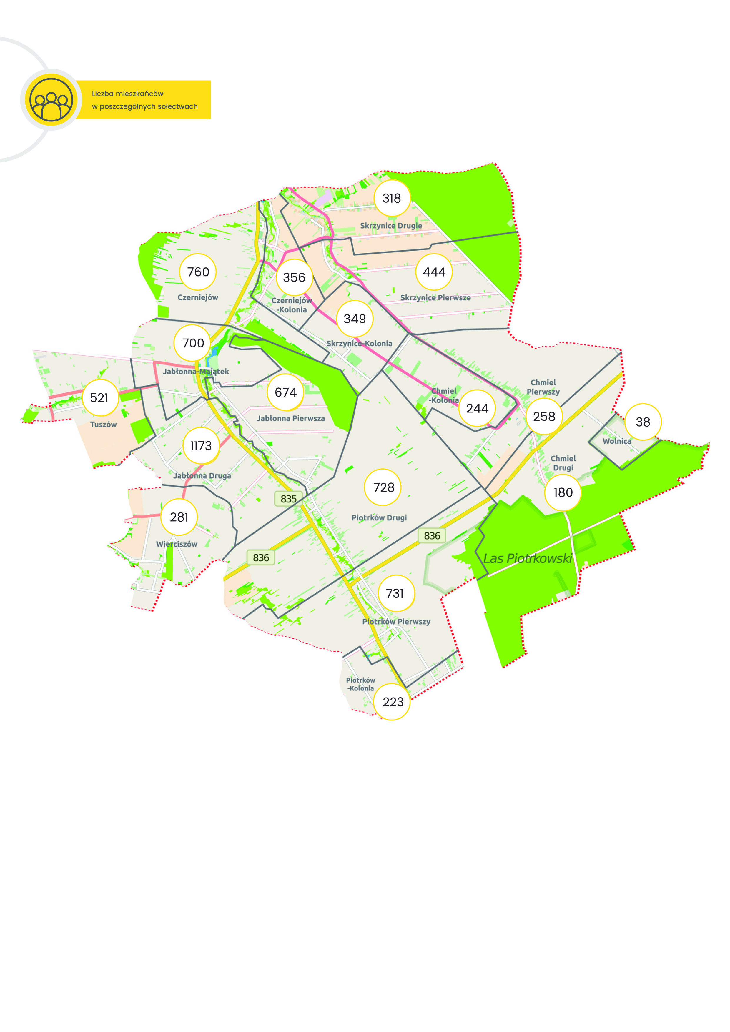 Mapa przedstawia różne obszary, oznaczone liczbowo, w kontekście liczby mieszkańców. Użyto kolorów zielonego, żółtego i różowego oraz linii przerywanych do granic. Las Piotrowski zaznaczony na zielono.