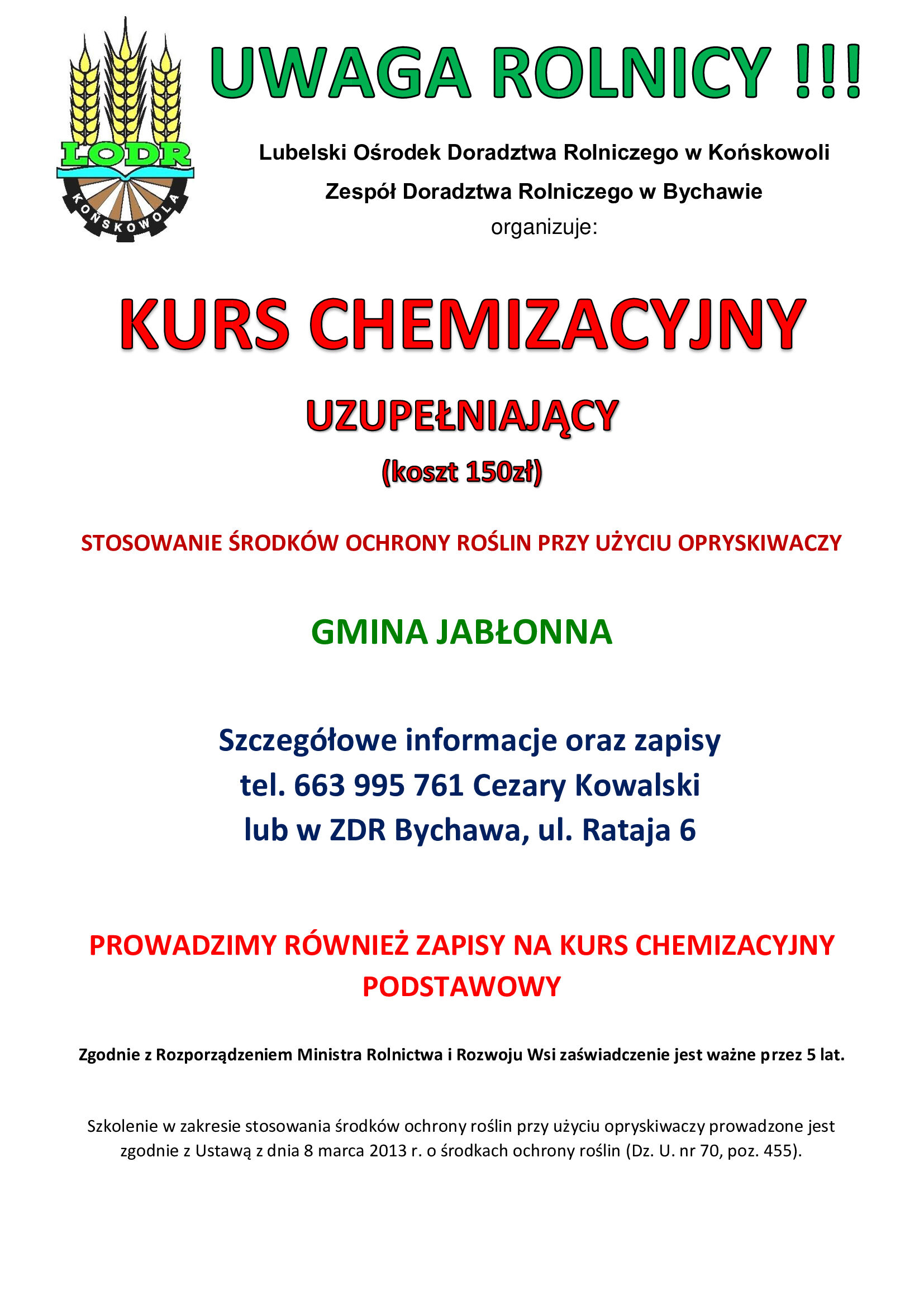 plakat z informacjami o kursie dla rolników