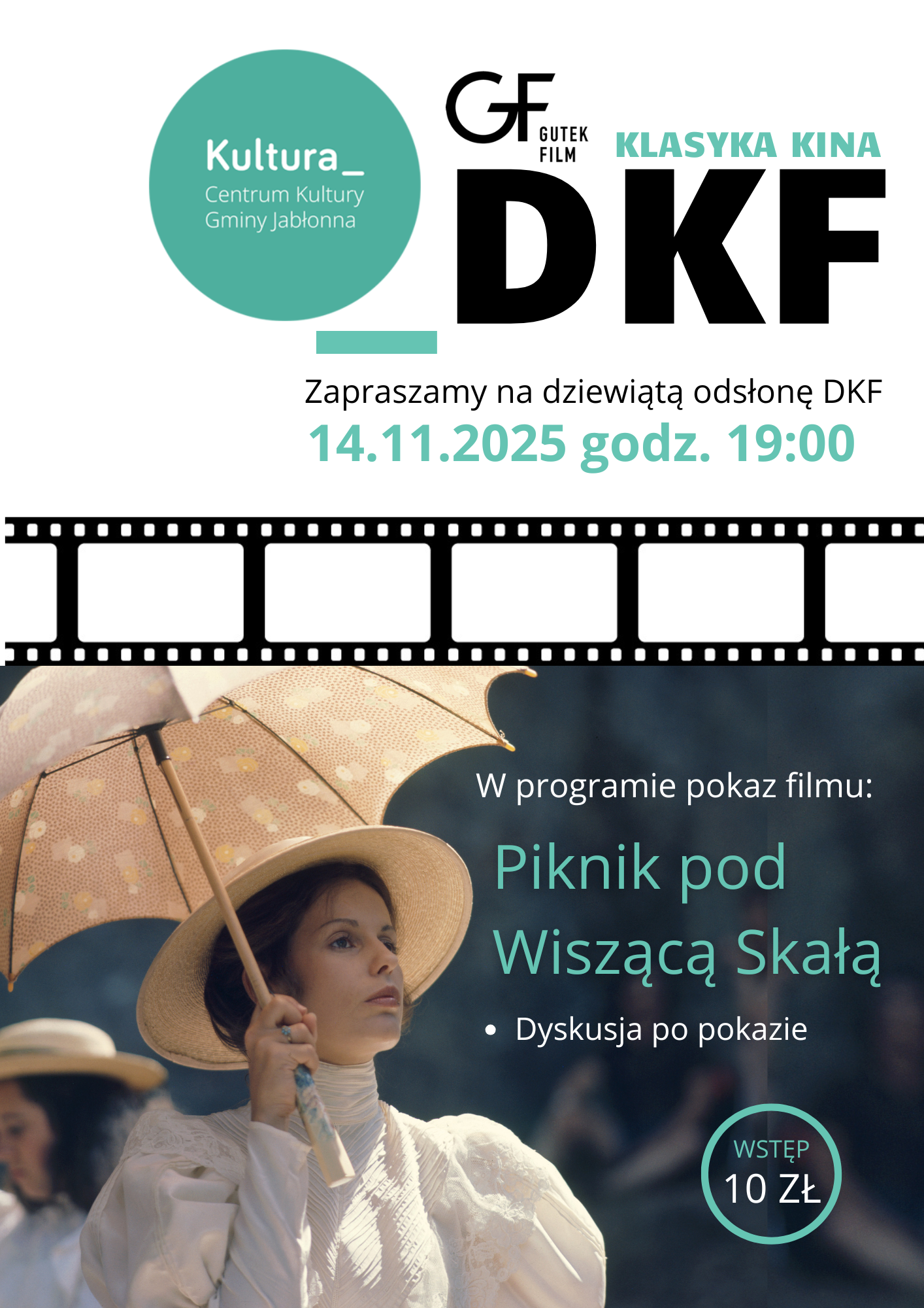 plakat z napisem DKF, opisem wydarzenia i z postacią kobiety z parasolem