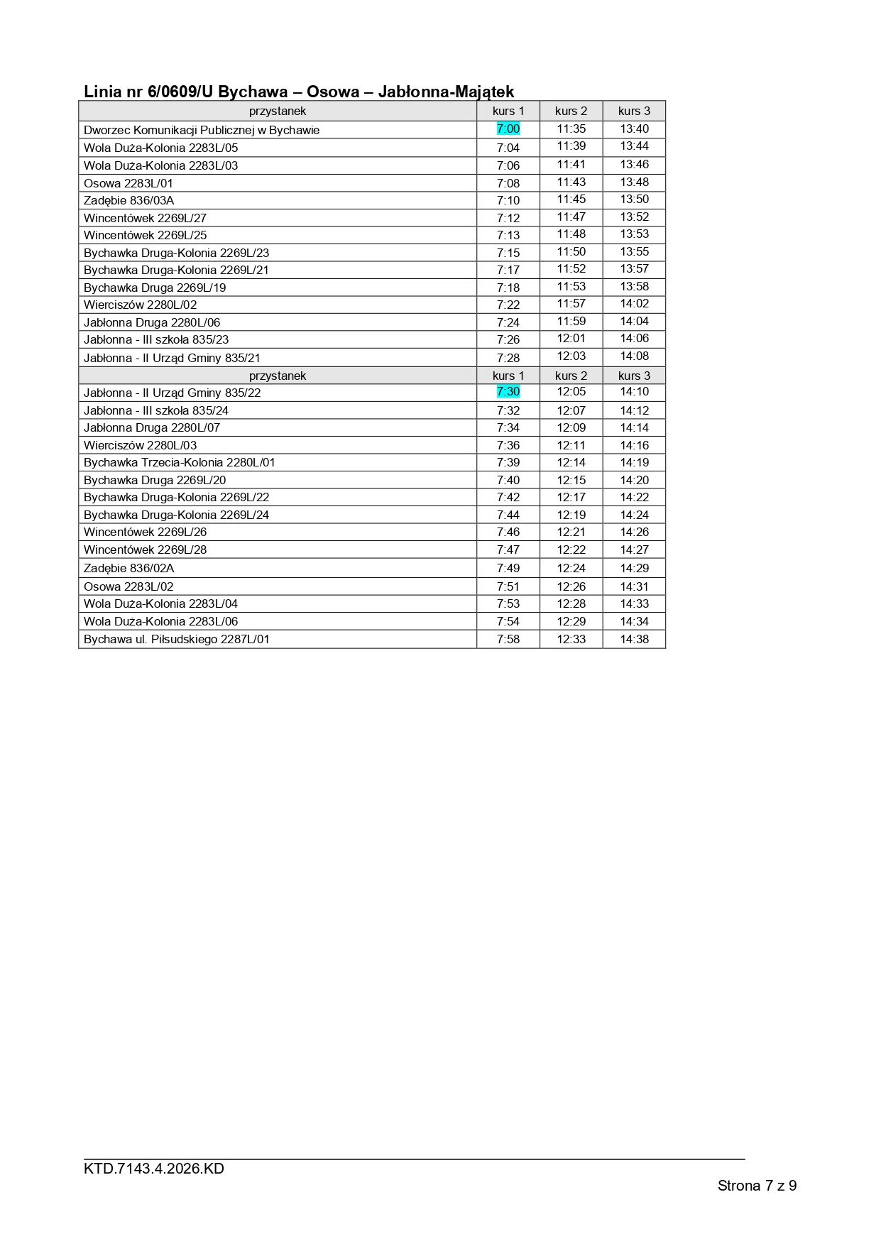 Rozkład jazdy autobusu linii nr 6/0609/U Bychawa – Osowa – Jabłonna-Majątek.  Widoczna jest tabela z nagłówkiem