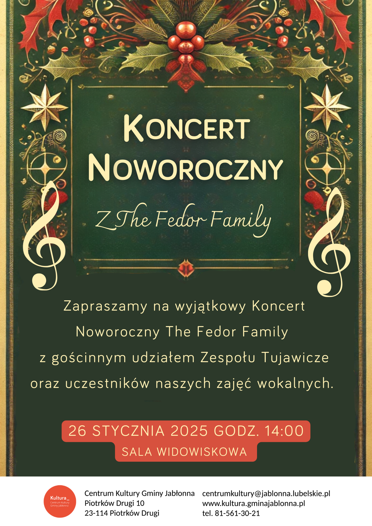 zielony plakat z napisem koncert noworoczny