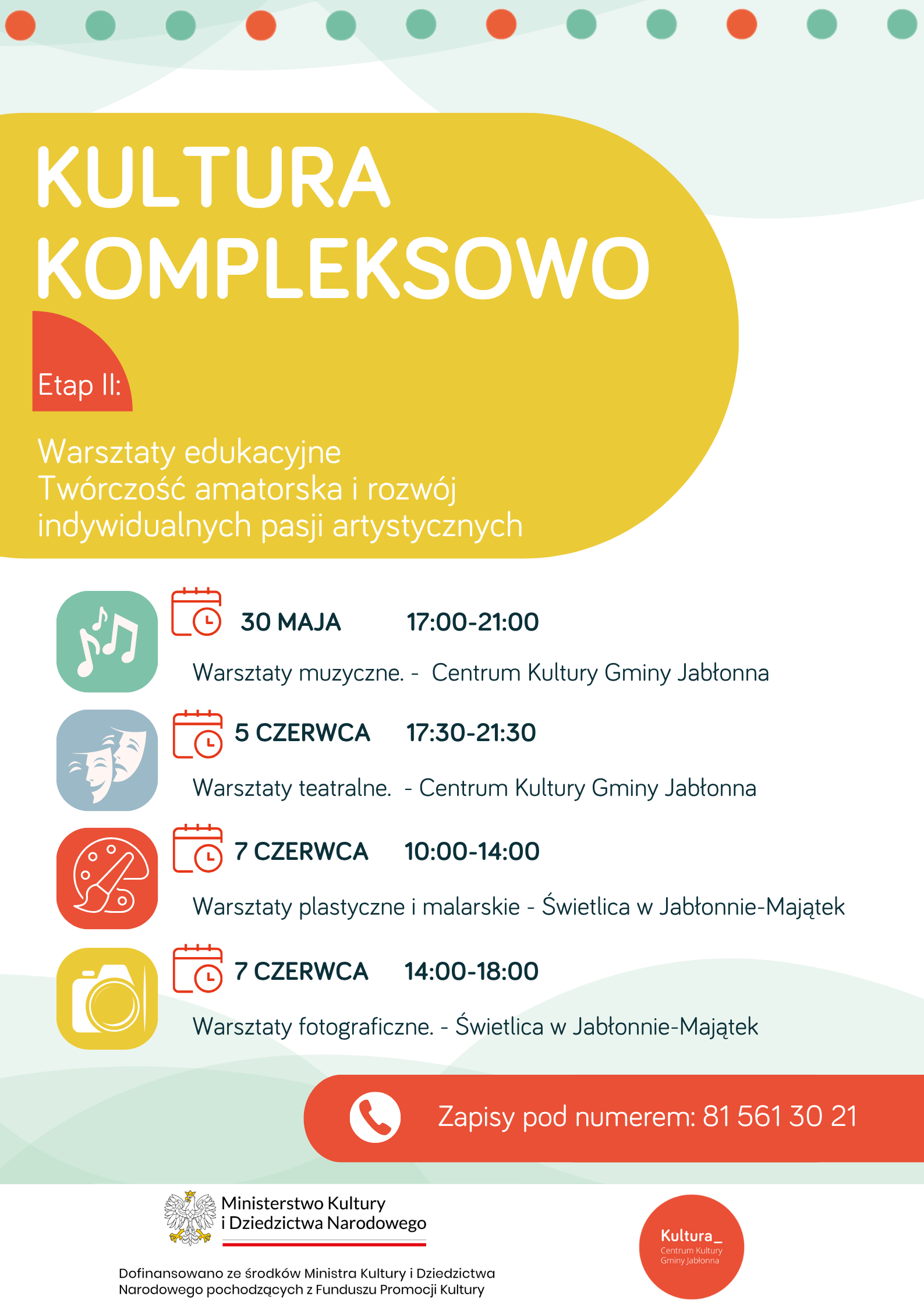 żólty plakat z harmonogramem projektu Kultura Kompleksowo