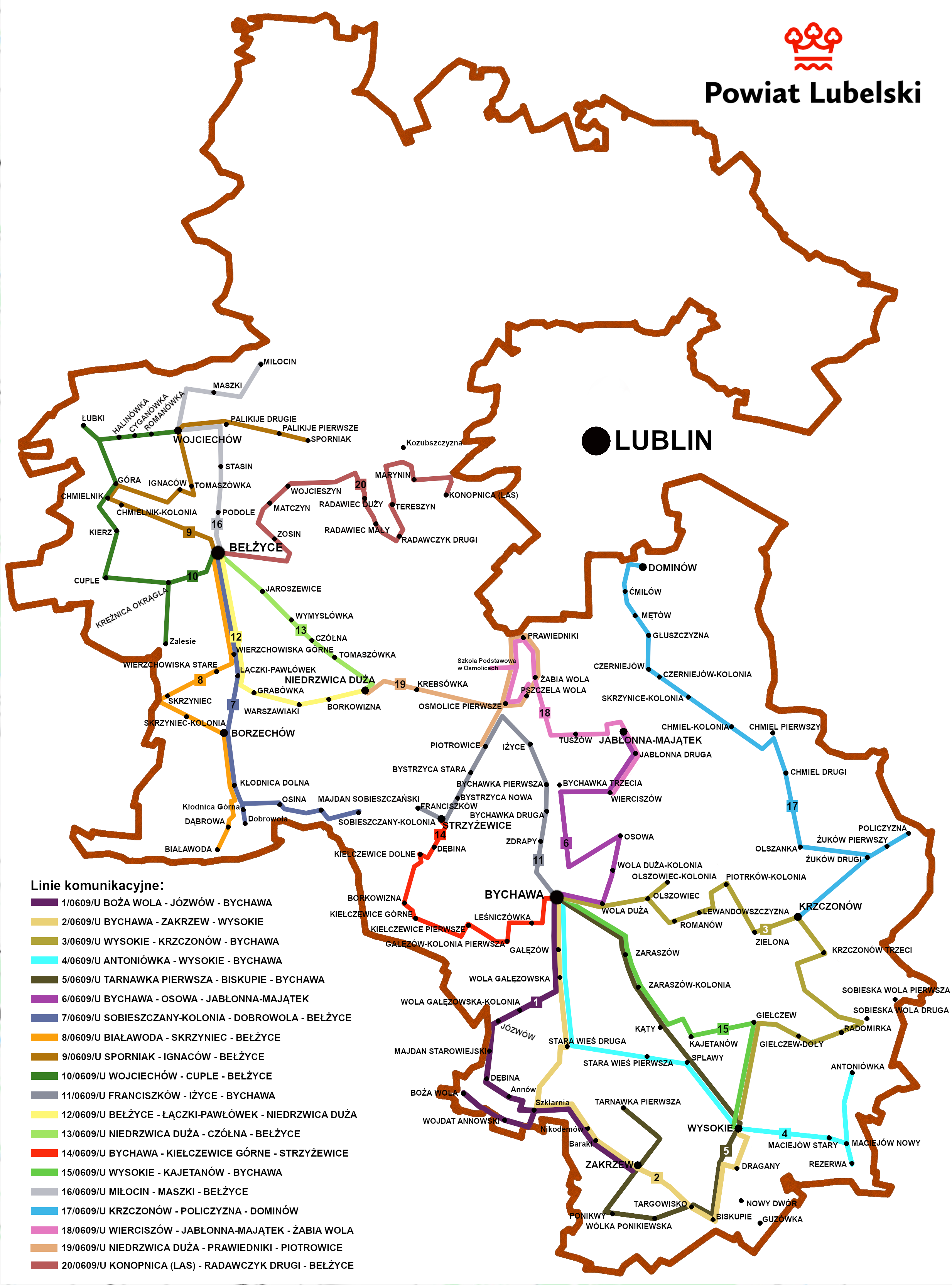 Mapa powiatu lubelskiego przedstawiająca linie komunikacyjne.  W centrum mapy znajduje się zaznaczone dużą czarną kropką miasto Lublin. Poniżej, w lewej części zaznaczone są Bełżyce, a niżej na mapie Bychawa oraz Krzczonów po prawej. Mapę otacza gruba, brązowa linia graniczna powiatu lubelskiego.  Miasta, wsie i przysiółki na mapie połączone są różnokolorowymi liniami – każda z nich odpowiada konkretnej linii komunikacyjnej. Linie mają swoje numery i kolory, których legenda znajduje się w lewym dolnym rogu mapy (np. linia 1/0609UJ – kolor czerwony: BOŻA WOLA – JOŹWY – BYCHAWA; linia 2/0609UJ – zielony: BYCHAWA – ZAKRZEW – WYSOKIE itd.).  Trasy komunikacyjne łączą różne miejscowości w powiecie oraz prowadzą do głównych punktów, takich jak Bełżyce czy Bychawa. Na mapie widoczne są wszystkie większe miejscowości regionu oraz ich sieć połączeń autobusowych lub busowych.  W prawym górnym rogu znajduje się nazwa