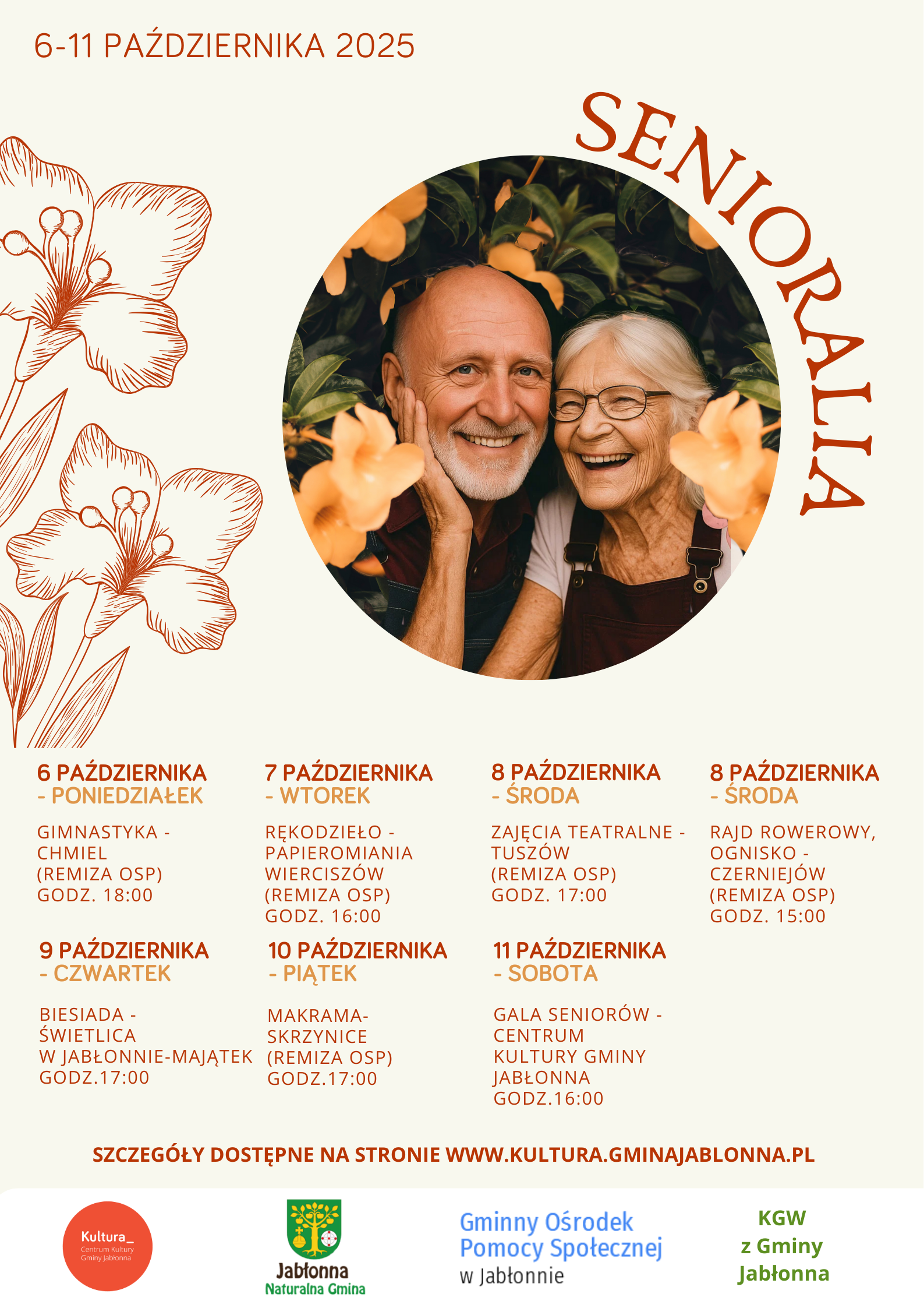 zólty plakat z harmonogramem wydarzenia, zdjęcie emerytów