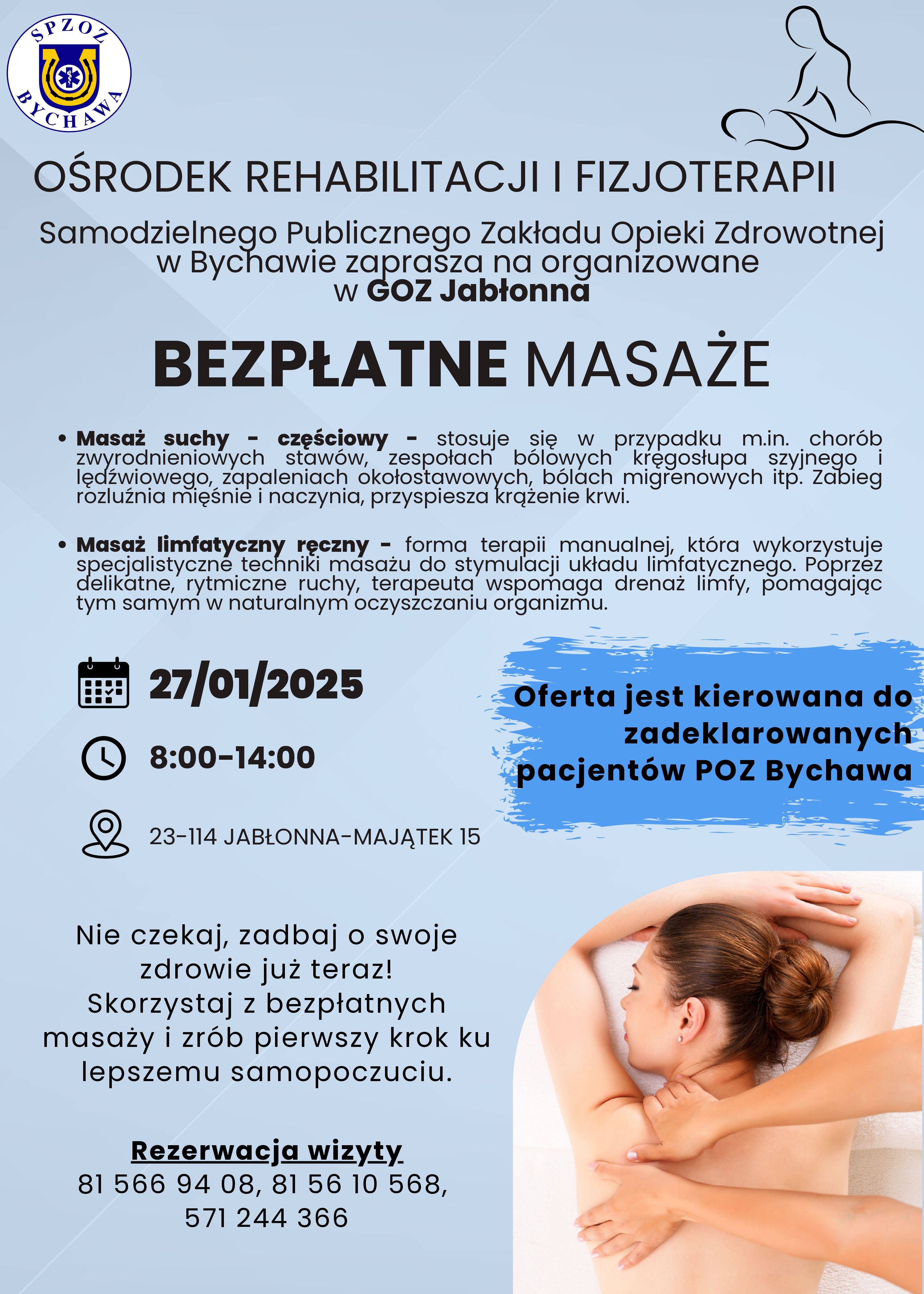 niebieski plakat z informacjami dot. bezpłatnego masażu kręgosłupa