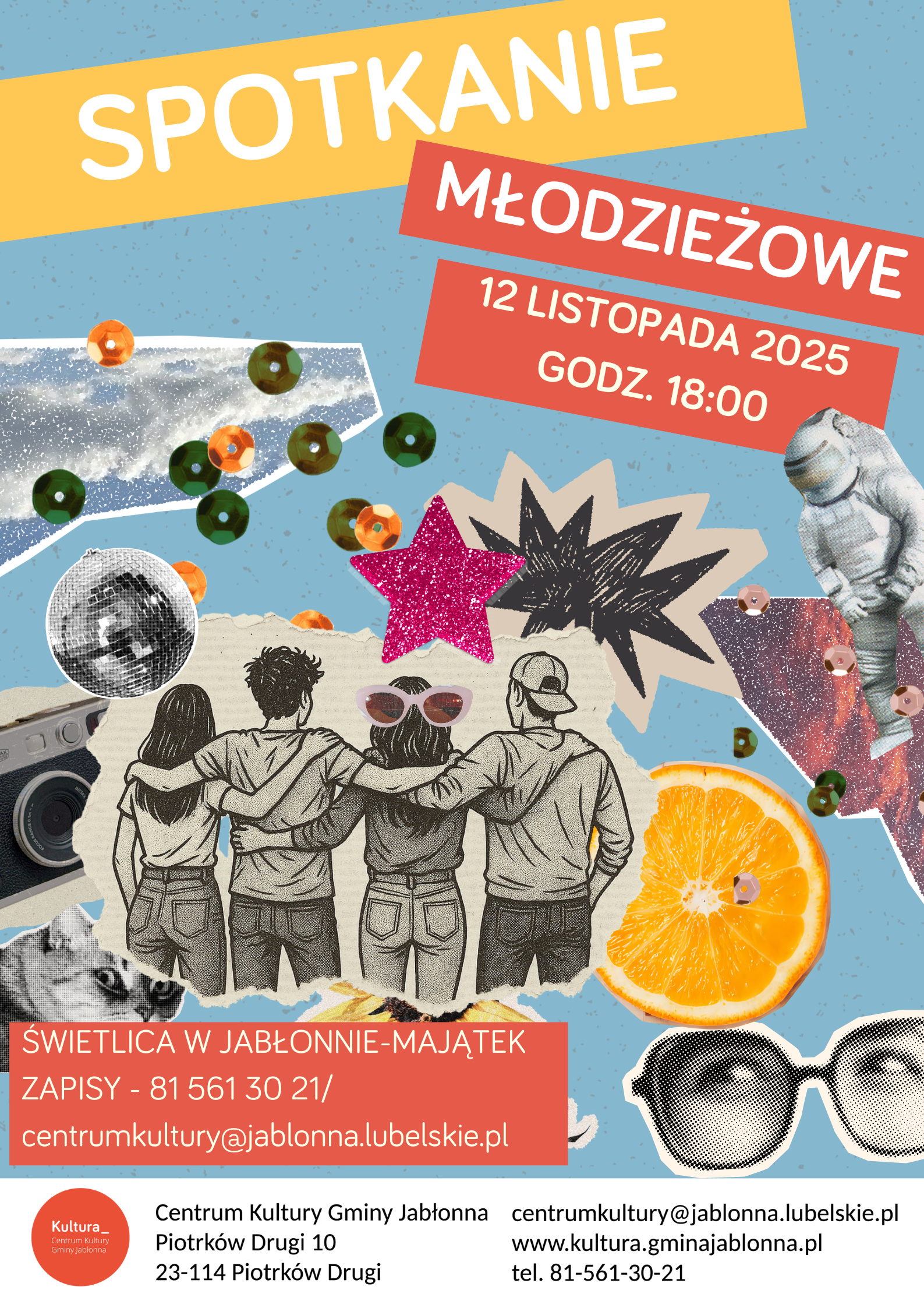 kolorowy plakat z dużym napisem spotkanie młodzieżowe i grafika m czterech młodych osób stojących tyłem