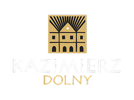Logo Kazimierza Dolnego. Stylizowany złoty budynek z promieniami przypominającymi słońce na czarnym tle. Pod budynkiem biały napis "KAZIMIERZ", a pod nim złoty napis "DOLNY".